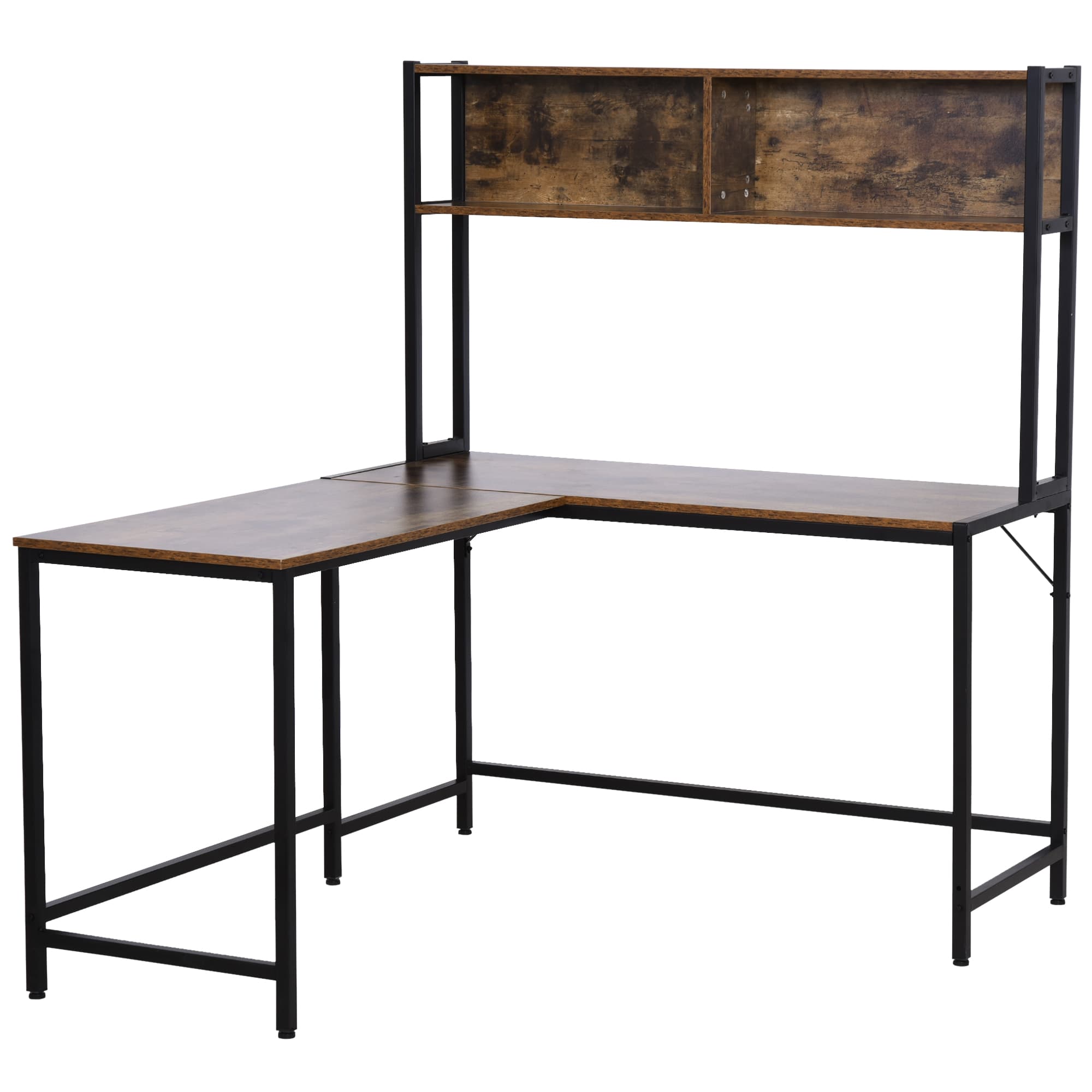 HOMCOM Industrial L-Shaped Work Desk & Storage Shelf Steel Frame Adjustable Feet Corner Workstation Home Office Study Stylish Brown Black | Aosom UK