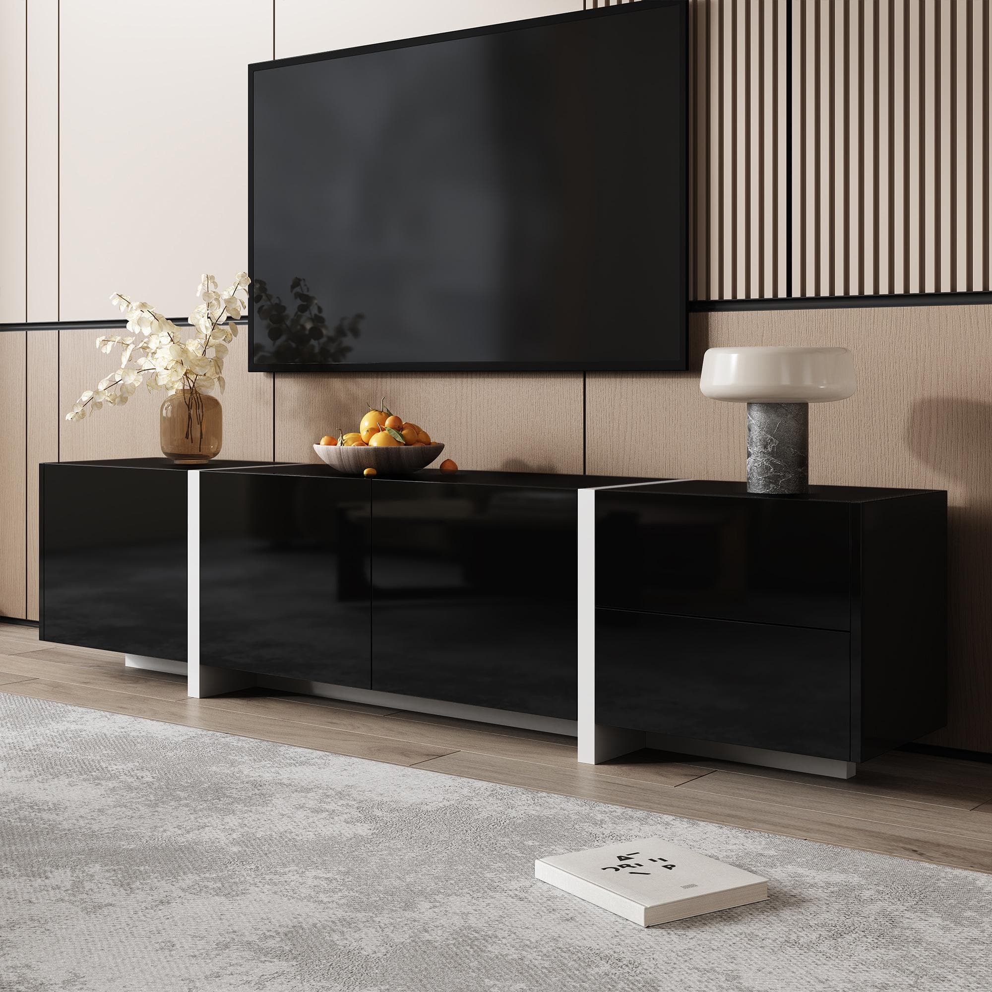 High-gloss Finish TV Cabinet with 3 Doors and 1 Drawer, Contrasting Base, TV Stand for Living Room, 170L x 29.5W x 40H cm, Black+White | Aosom UK