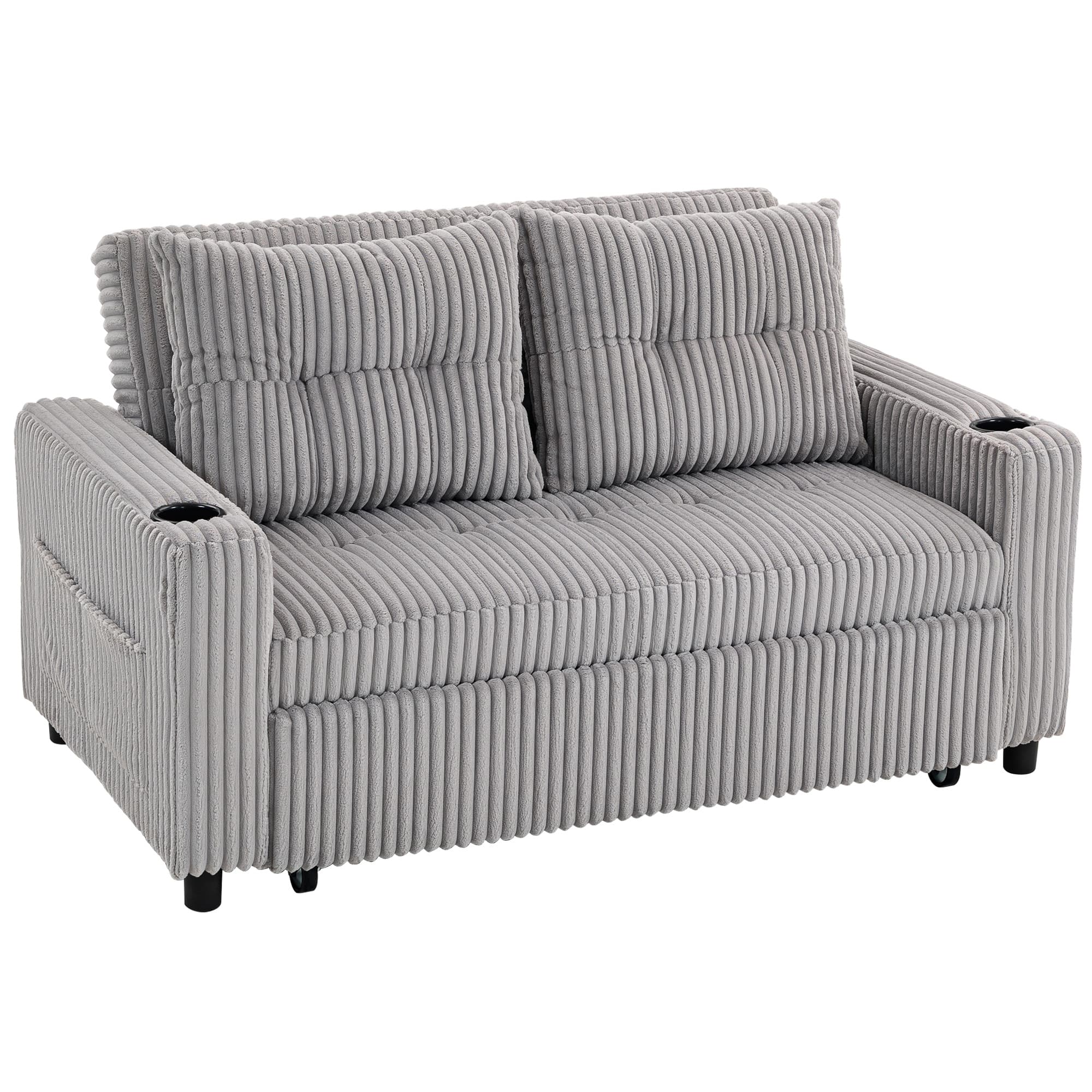 HOMCOM 2 Seater Click Clack Sofa Bed with Pull Out Design, Corduroy Upholstery, Light Grey | Aosom UK