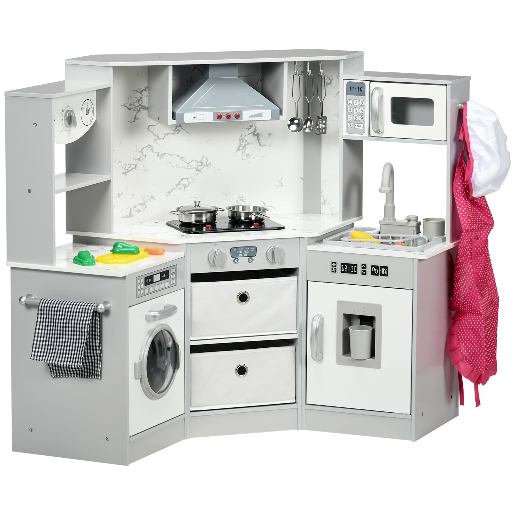 AIYAPLAY Toy Kitchen with Running Water, Lights Sounds, Apron and Chef Hat, Water Dispenser, for 3-6 Years Old - Grey | Aosom UK