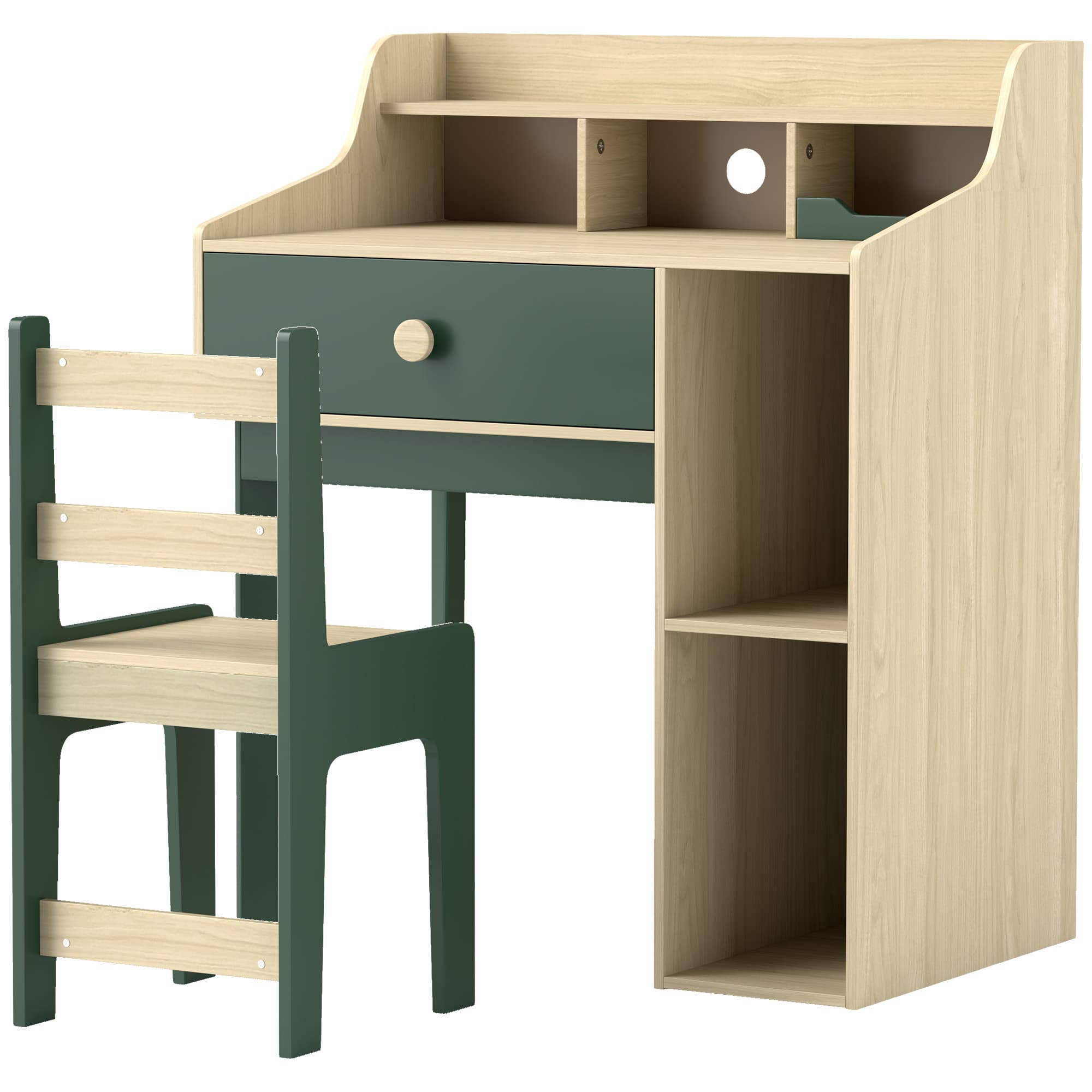AIYAPLAY Kids Desk and Chair Set with Storage Shelves and Drawer, Green | Aosom UK