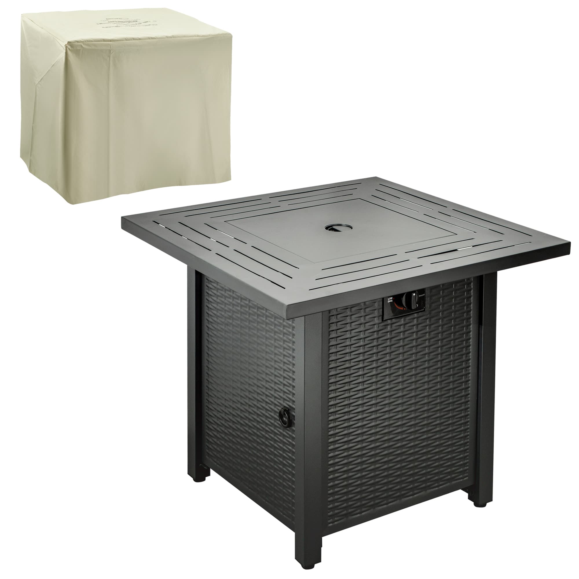 Outsunny Square Propane Gas Fire Pit Table, 40000 BTU Rattan Smokeless Firepit Patio Heater w/ Cover, Lava Rocks & Lid, 71x71x62cm, Black | Aosom UK