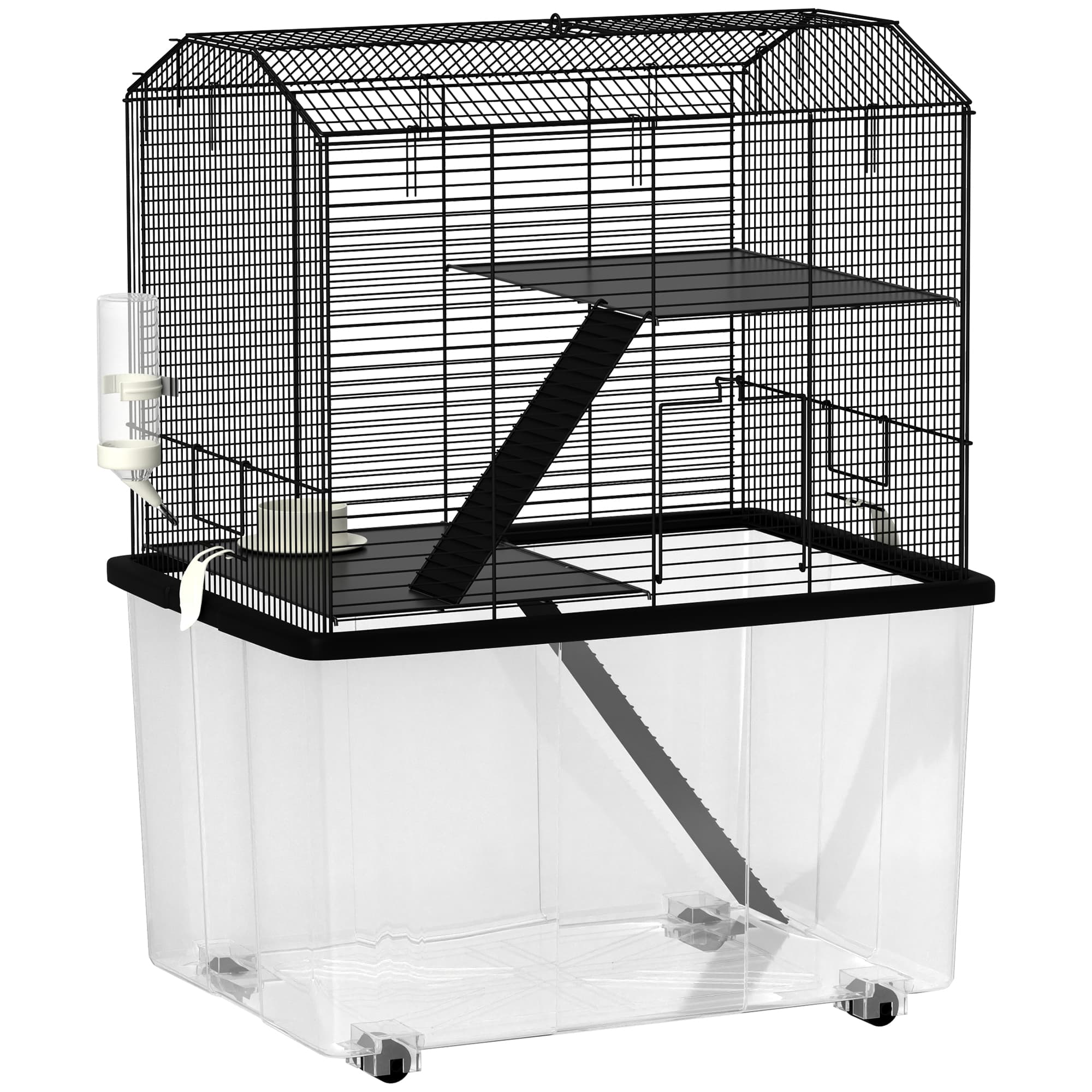 PawHut Three-Tier Gerbil Cage, Hamster Cage for Dwarf Hamster, Syrian Hamster w/ Wheels, Deep Bottom, Food Dish, Water Bottle