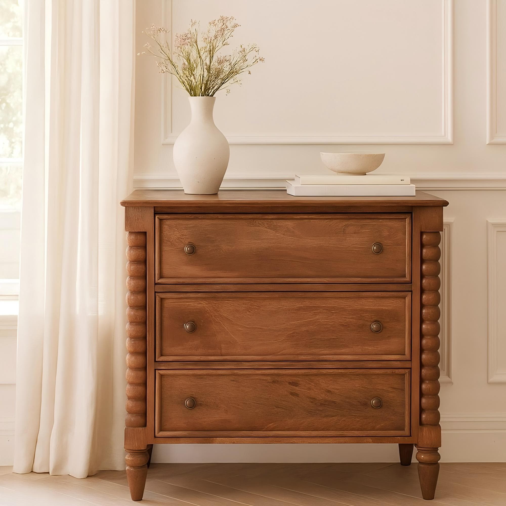 Solid Mango Wood Spindle Chest with 3 Drawers and Turned Spindle Legs, Bedside Cabinet with Ample Storage, 35L x 80W x 80H cm, Brown | Aosom UK