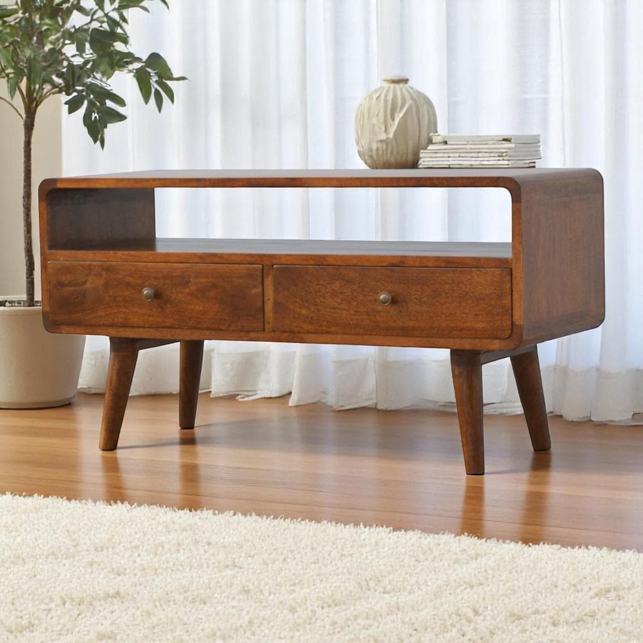 Solid Mango Wood Curved Media Unit with 2 Smooth-Gliding Drawers and Open Shelf, Table for Ample Storage, 35L x 90W x 47H cm, Brown | Aosom UK