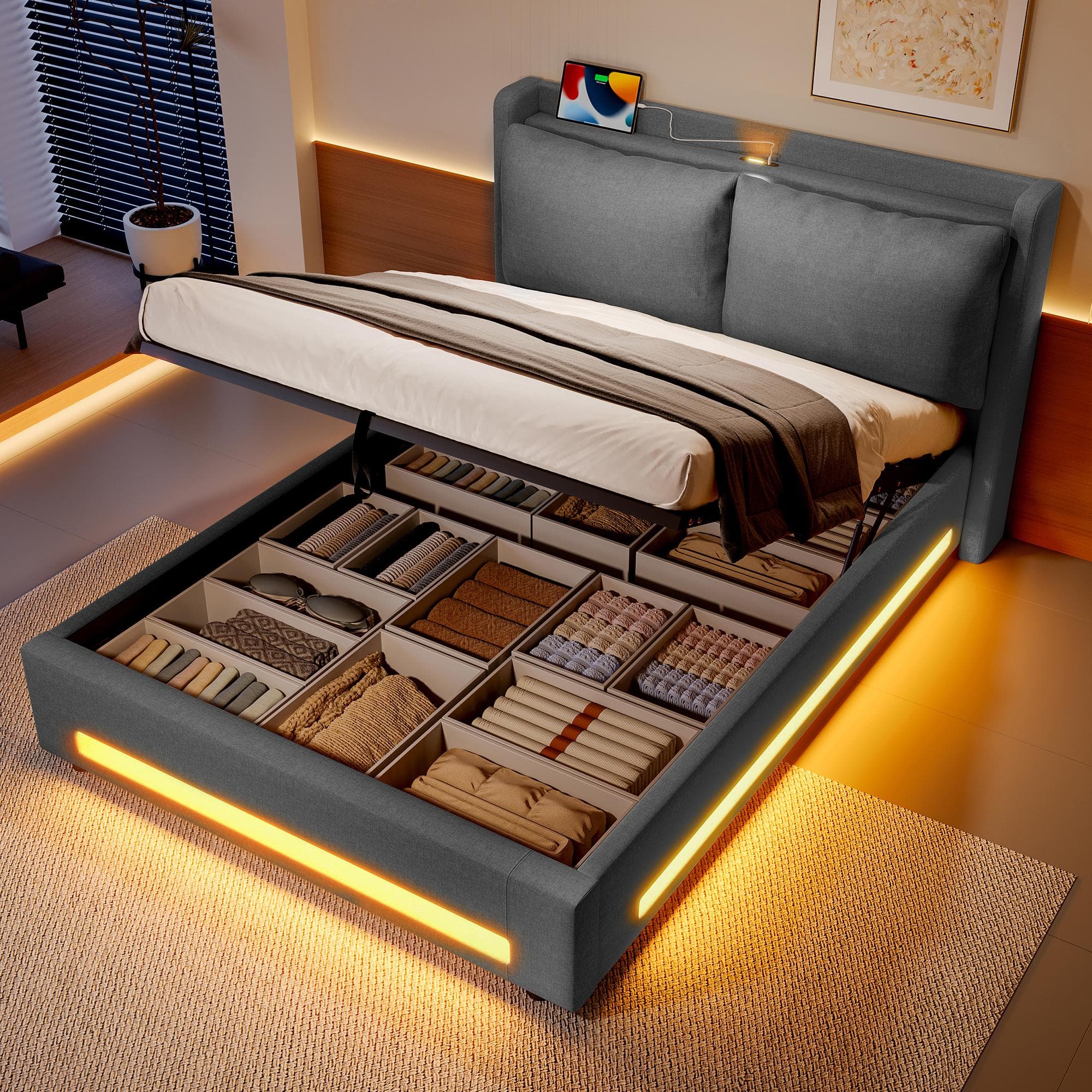 Modern Upholstered Bed with Headboard Shelf and Dual USB‑C Ports, Double Bed with LED Lighting, 142.5L x 200W x 114H cm, Dark Gray | Aosom UK
