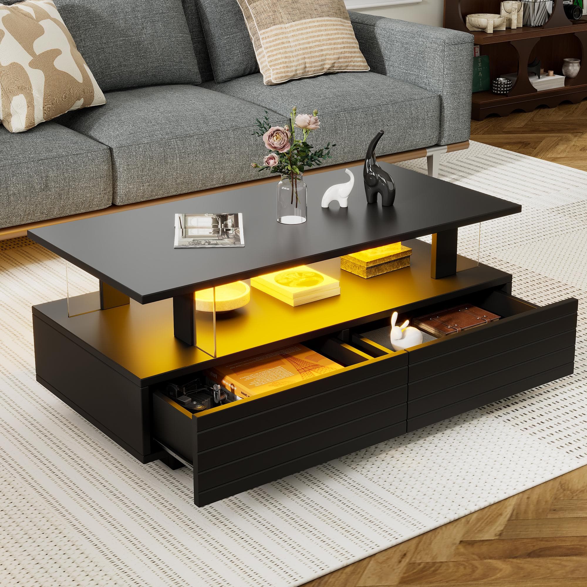 Modern Coffee Table with App-Controlled LED, 2-Drawer and Open Storage, Centre Table with USB-Powered, 100L x 50W x 42.5H cm, Black | Aosom UK