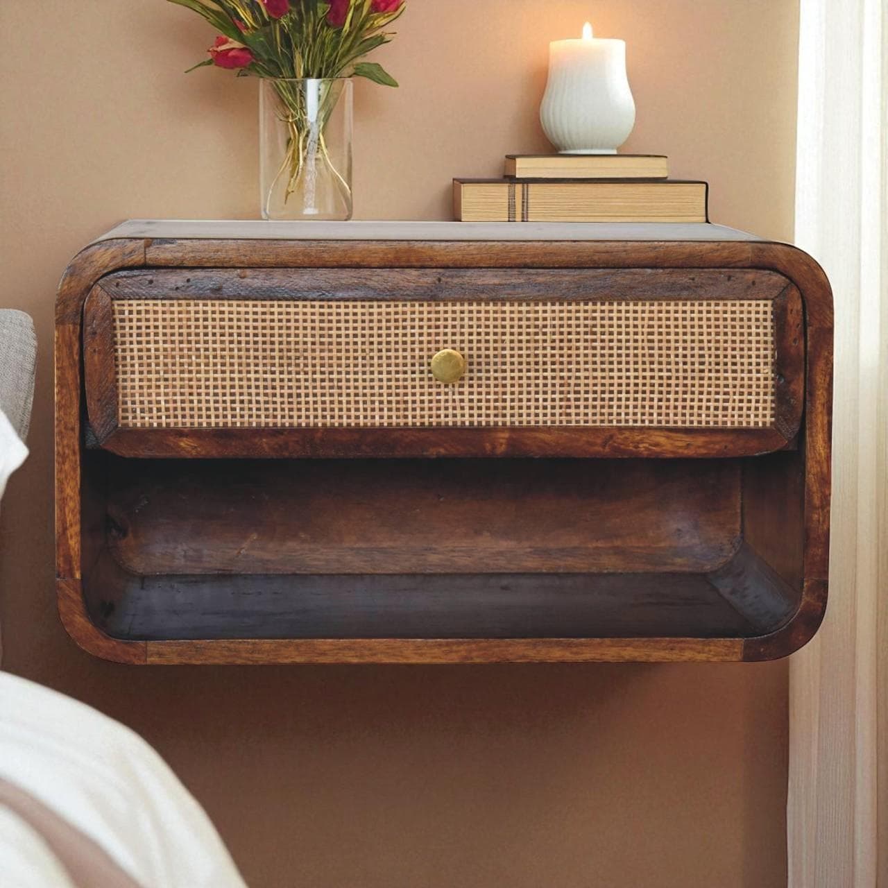 Solid Mango Wood Wall-Mounted Bedside Shelf with Drawer and Open Shelf, Space-Saving Cabinet for Bedroom, 32L x 45W x 25H cm, Brown | Aosom UK