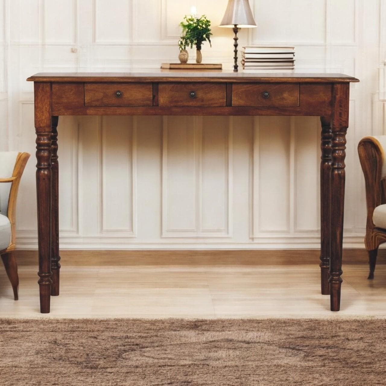 Solid Mango Wood 3-Drawer Console with Turned Legs, Storage, Desk for Generous Organisation and Built to Last, 35L x 110W x 80H cm, Brown | Aosom UK
