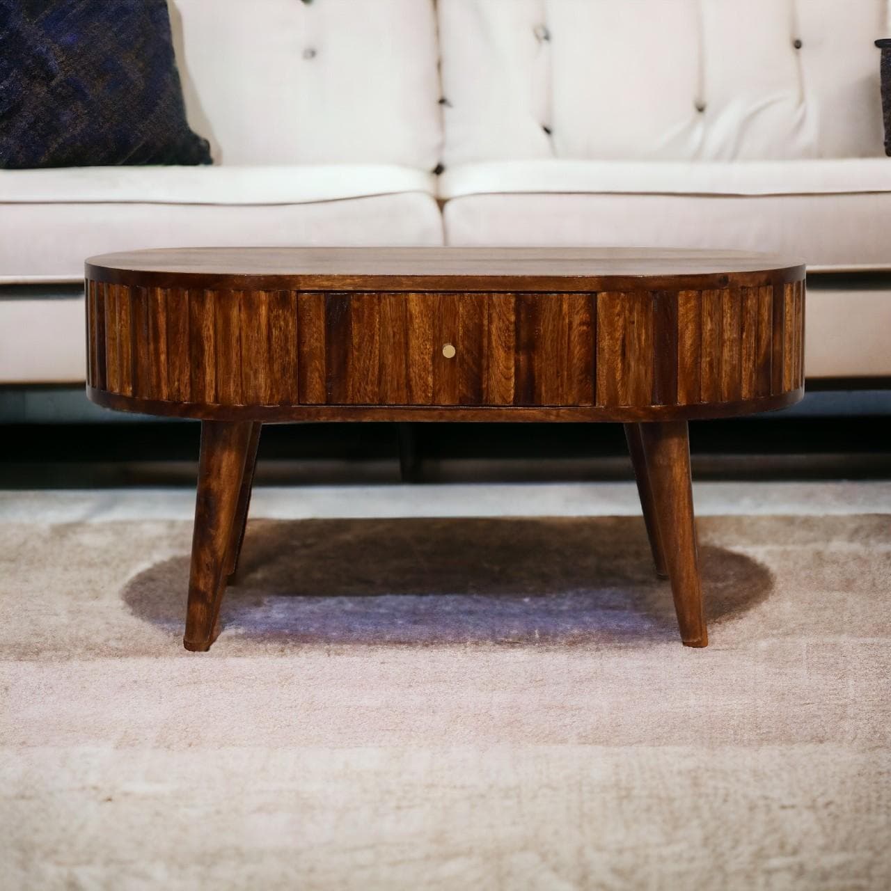 Solid Mango Wood Round Coffee Table with 2 Smooth-Gliding Drawers, Handcrafted Eco-Friendly Desk for Living Room, 50L x 80W x 40H cm, Brown | Aosom UK