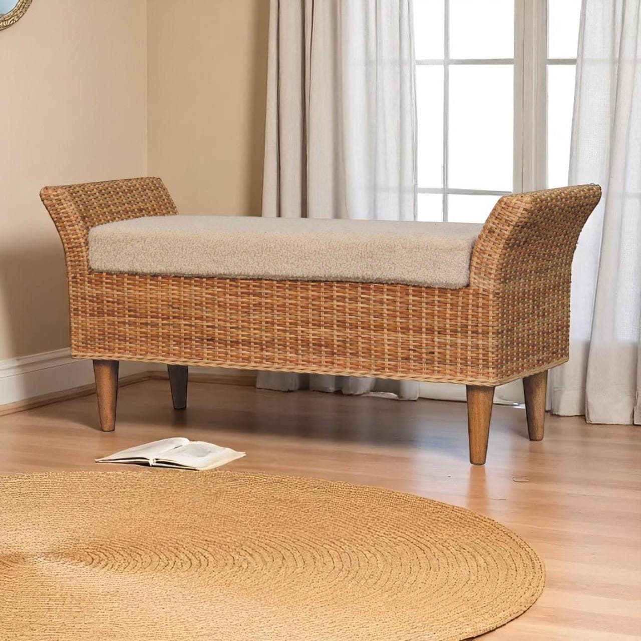 Woven Small Bench, Upholstered Window Seat with Arms and Wooden Legs, Vintage Shoe Bench for Entryway, Living Room, Bedroom | Aosom UK