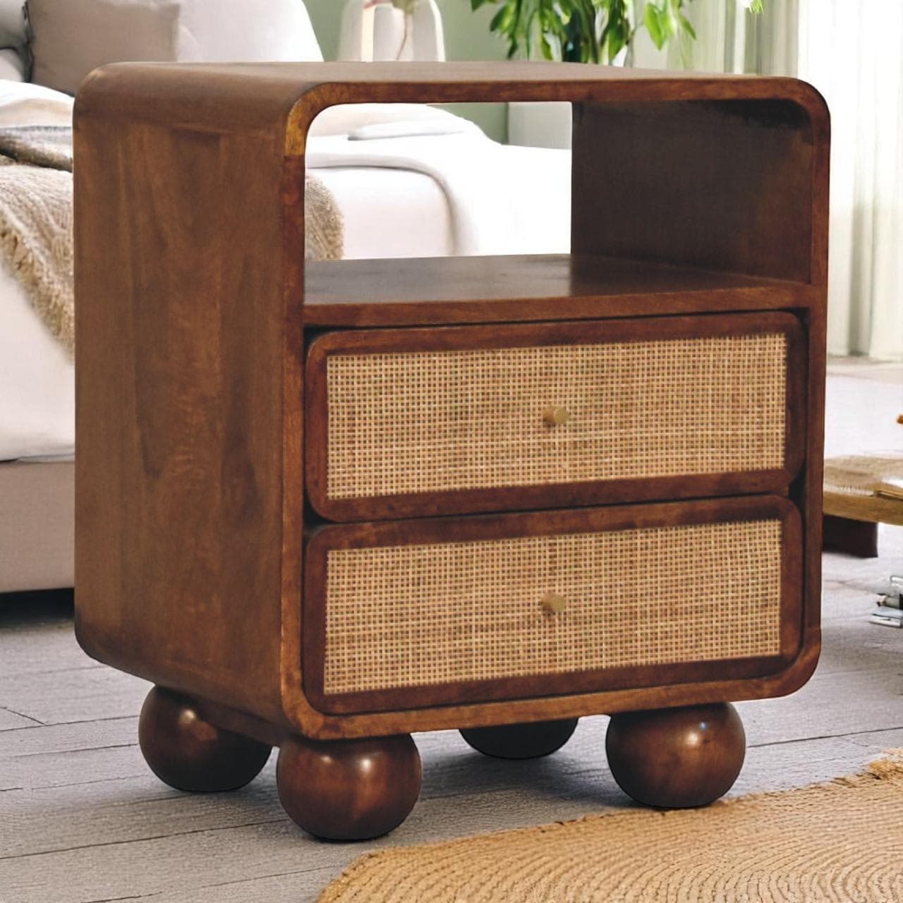 Solid Mango Wood Bedside Table with 2 Smooth-Glide Drawers and Open Shelf, Eco-Friendly Desk for Living Room, 35L x 45W x 55H cm, Brown | Aosom UK