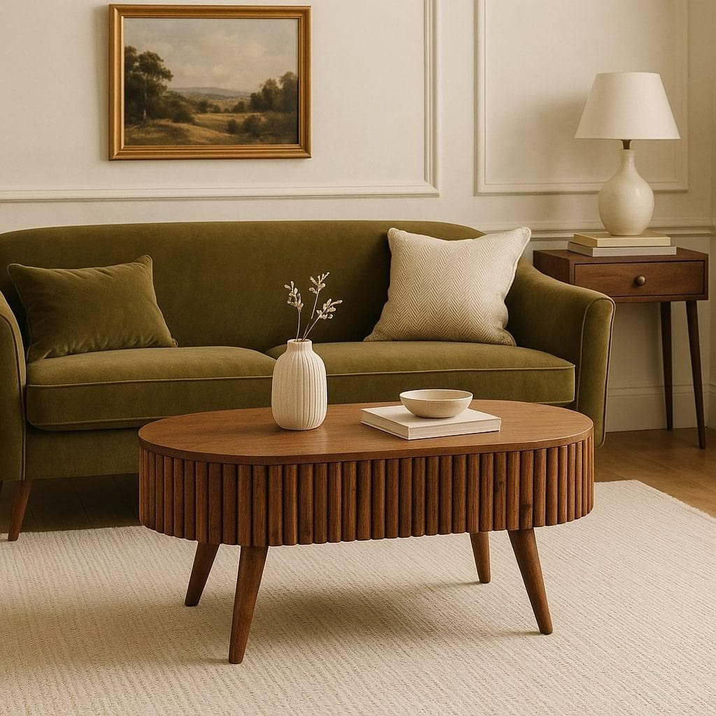 Solid Mango Wood Round Coffee Table with 2 Smooth-Gliding Drawers, Handcrafted Eco-Friendly Desk for Living Room, 45L x 85W x 38H cm, Brown | Aosom UK