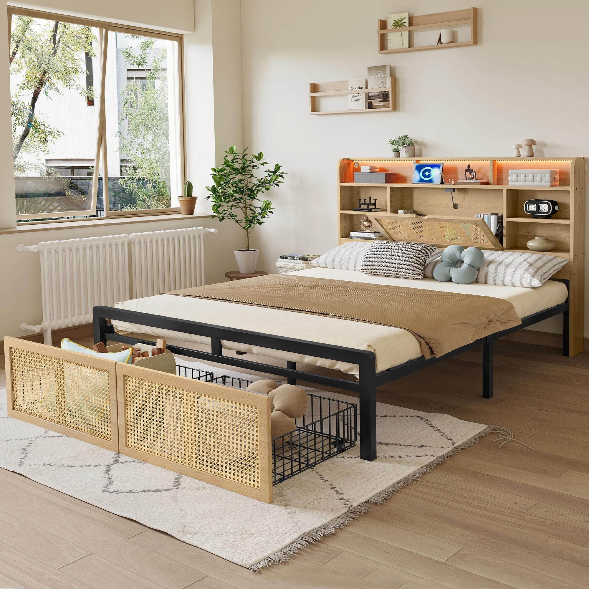 4ft6 Wooden Double Bed with LED Strip Light and Headboard Storage, Storage Bed with Charging Port, 208L x 137.5W x 104.5H cm, Natural+Black | Aosom UK