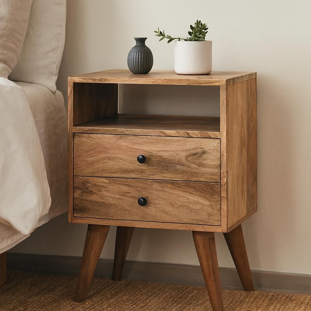 Wood Bedside Table with 2-Drawers & Open Shelf, Nightstand with Durable Storage for Bedroom, Brown | Aosom UK