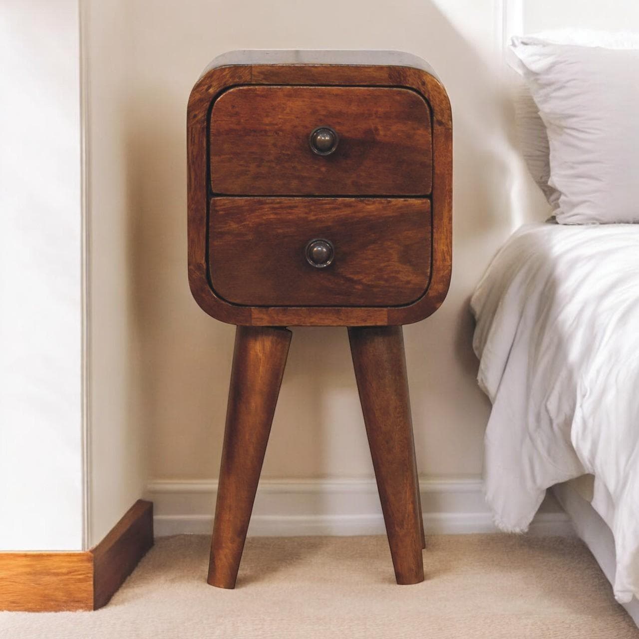 Solid Mango Wood Mini Curved Bedside Cabinet with 2 Smooth-gliding Drawers, Table with Slim Nordic Legs, 20L x 20W x 40H cm, Brown | Aosom UK