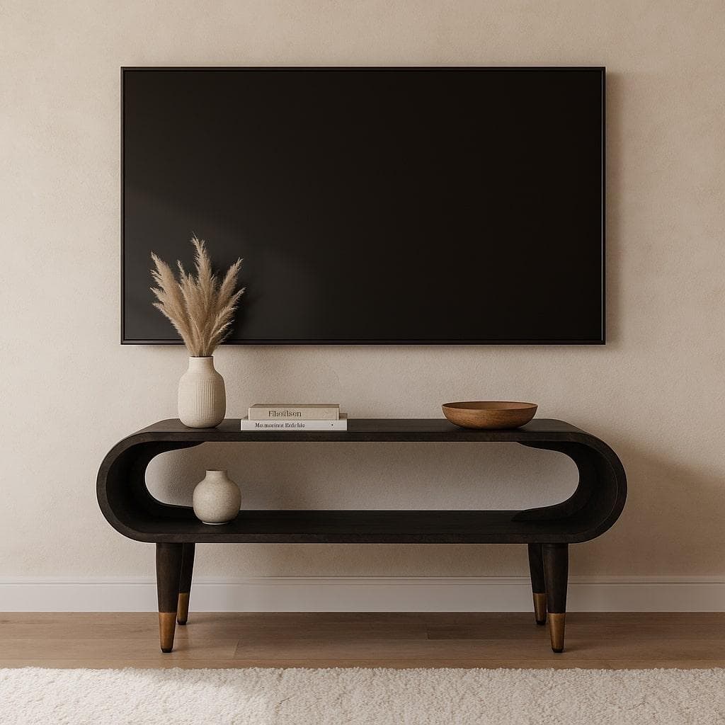 Curved-Edge Solid Mango Wood Media Unit with Brass Accents, Open Slot, Hand-finished Table with Tapered Legs, 35L x 90W x 42H cm, Brown | Aosom UK