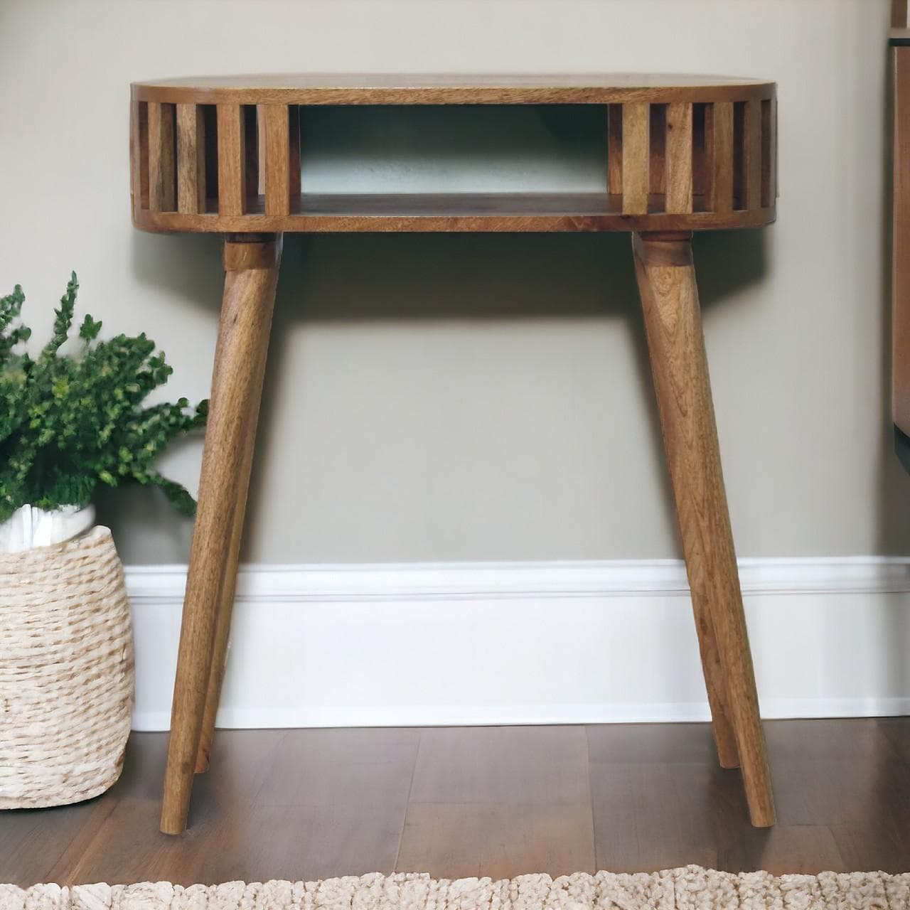 Solid Wood Ariella Console Table with Hand-finished and Open Shelf, Desk with Scandi-inspired Nordic Legs, 30L x 70W x 80H cm, Brown | Aosom UK