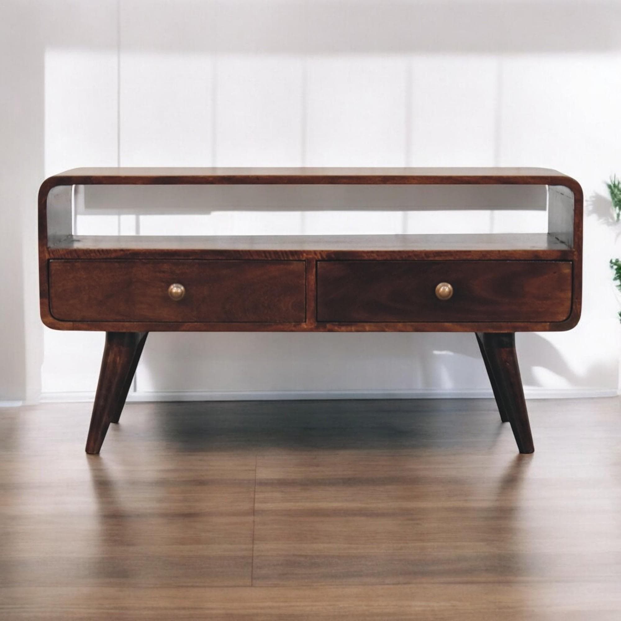 Solid Mango Wood Curved Media Unit with 2 Drawers and Open Shelf, Eco-Conscious TV Unit with Lemon Scent, 35L x 90W x 47H cm, Brown | Aosom UK
