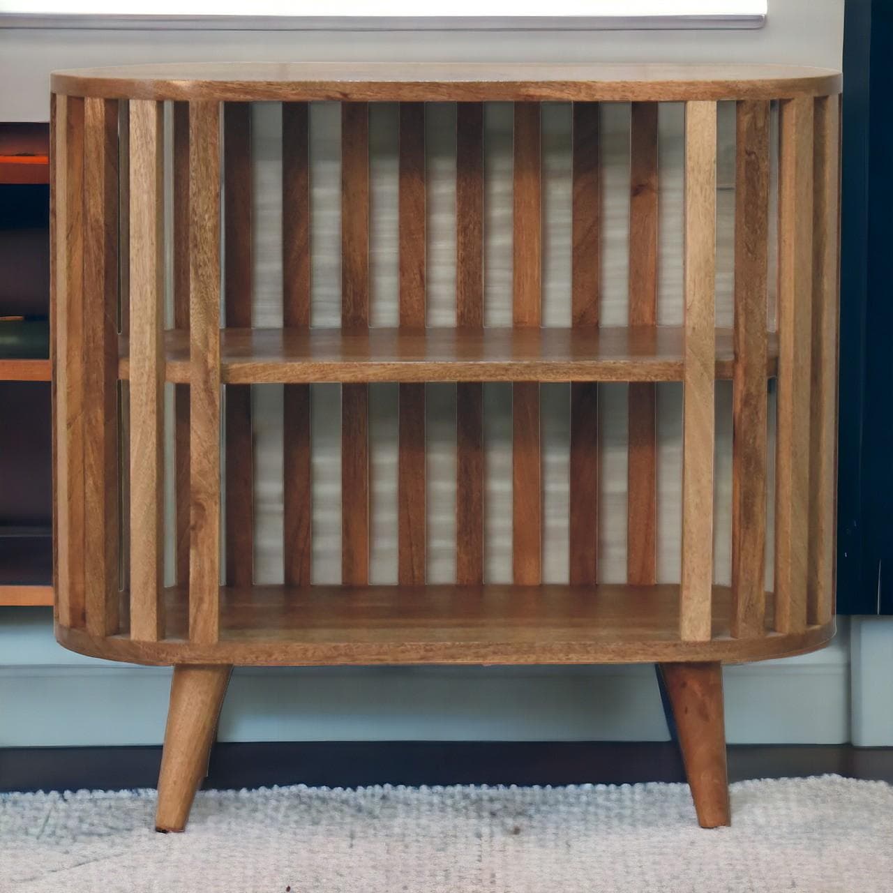 Solid Mango Wood Ariella Cabinet with 2 Open Shelves with Oak-like Finish, Bedside Shelf with Slim Nordic Legs, 30L x 70W x 65H cm, Brown | Aosom UK