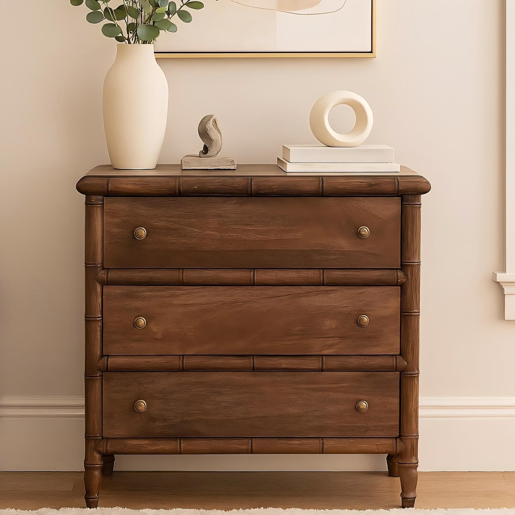 Solid Mango Wood 3-Drawer Chest with Turned Spindle Legs, Bedside Cabinet with Generous Organisation Drawers, 36L x 75W x 80H cm, Brown | Aosom UK