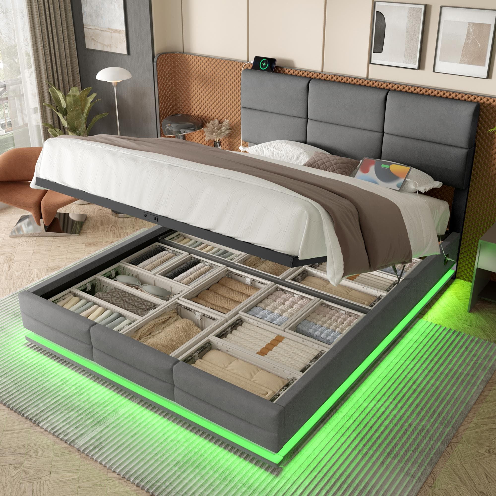 Modern Velvet Upholstered Bed with 3-Stage Adjustable Headboard, Double Bed with LED Lighting and USB, 155L x 202W x 115H cm, Dark Gray | Aosom UK