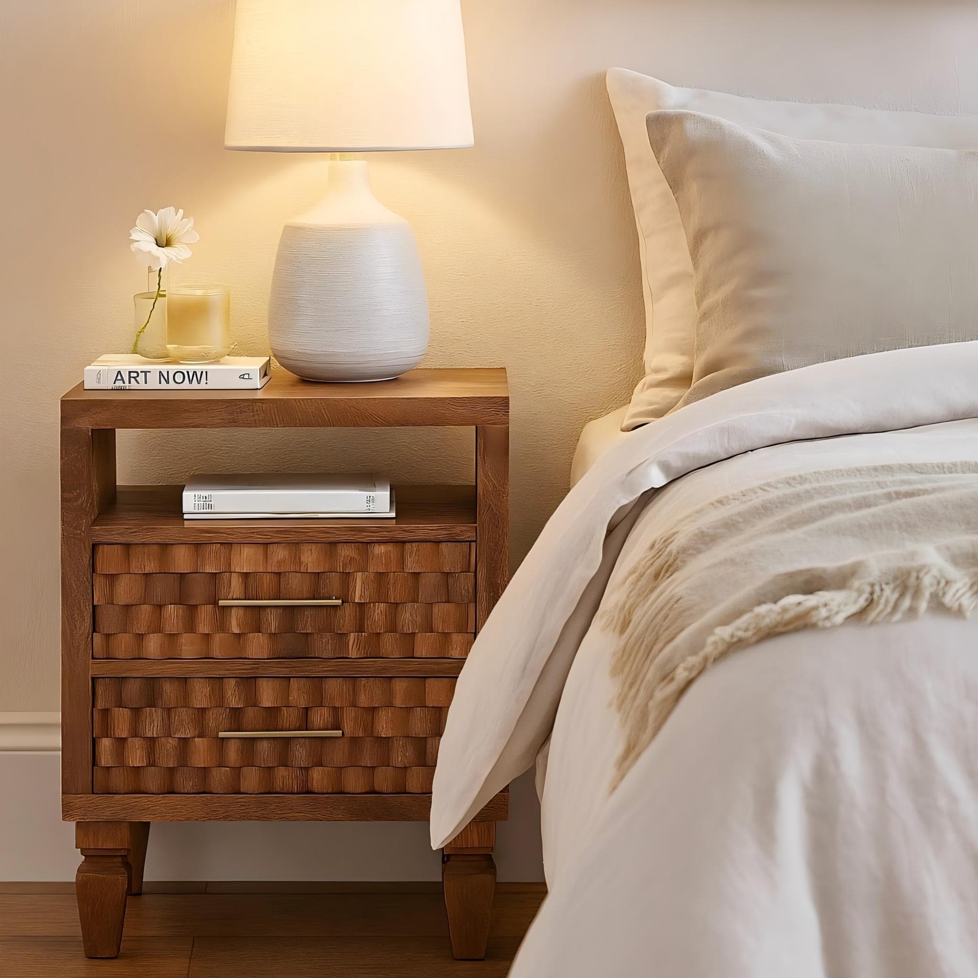 2-Drawers Bedside Cabinet, Wood Nightstand with Open Shelf, Eco-Conscious Build, 35L x 45W x 60H cm, Brown | Aosom UK
