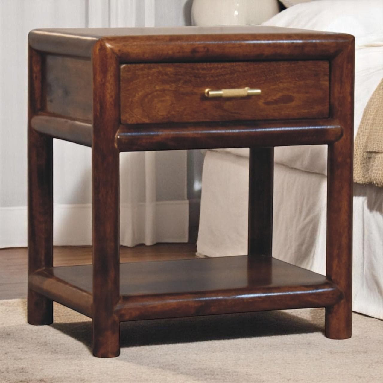 Wooden Nightstand with Drawer and Open Shelf, Hand‑finished Side Table for Home Display, 35L x 45W x 50H cm, Brown | Aosom UK