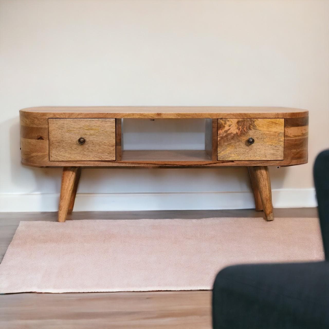 Solid Wood Mini Rounded Entertainment Unit with 2 Smooth‑Gliding Drawers, Handcrafted Table with Open Slot, 30L x 100W x 37H cm, Brown | Aosom UK