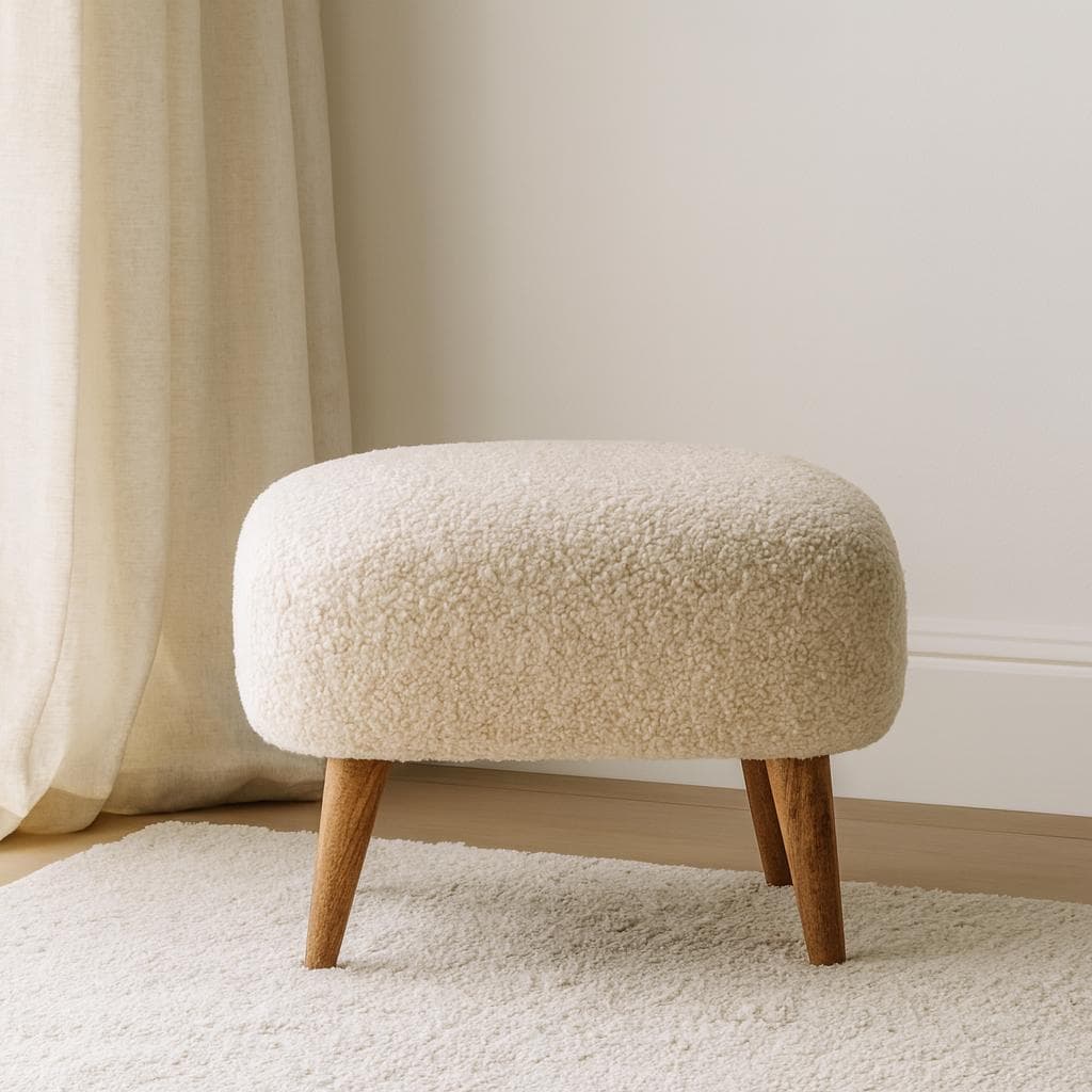 Solid Mango Wood Bouclé Square Footstool with Space-Saving Profile, Upholstered Footstool with Nordic Slim Legs, 40L x 40W x 35H cm, Brown | Aosom UK