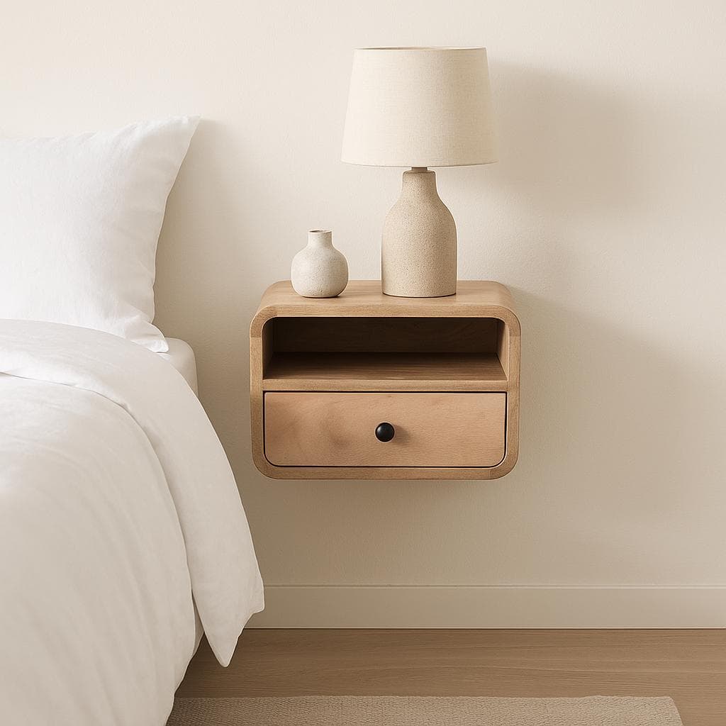 Solid Mango Wood Wall-Mounted Mini Bedside Table with Open Slot and Drawer, Space-Saving Desk with Curved Design, 25L x 30W x 25H cm, Brown | Aosom UK