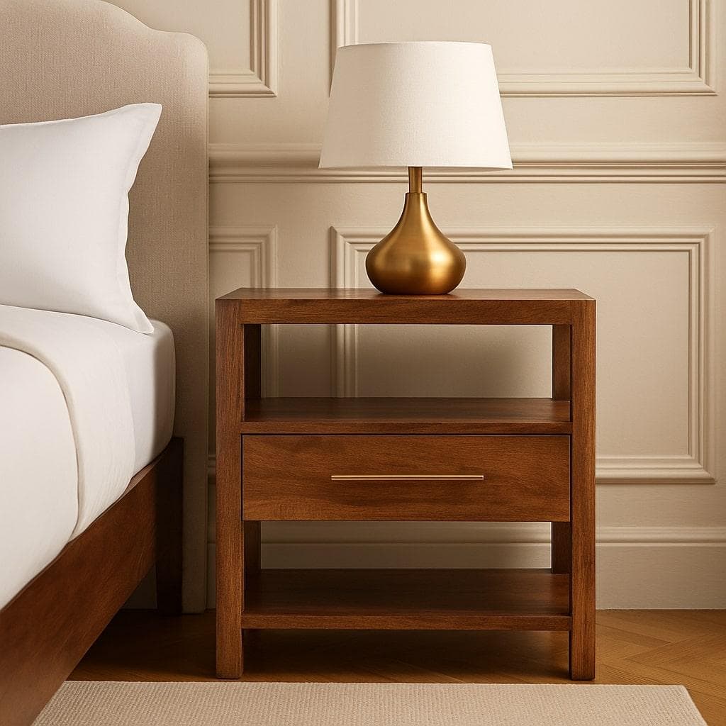 Caldera Solid Mango Wood Bedside Table with Drawer and Shelf, Bedside Cabinet with Hand-finished Design, 35L x 55W x 55H cm, Brown | Aosom UK