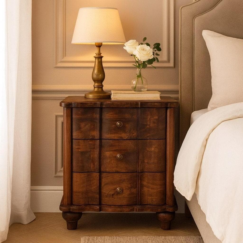 Solid Mango Wood Valencia Bedside Table with Hand-finished Surfaces, Bedside Cabinet with 3 Drawers for Storage, 40L x 55W x 63H cm, Brown | Aosom UK