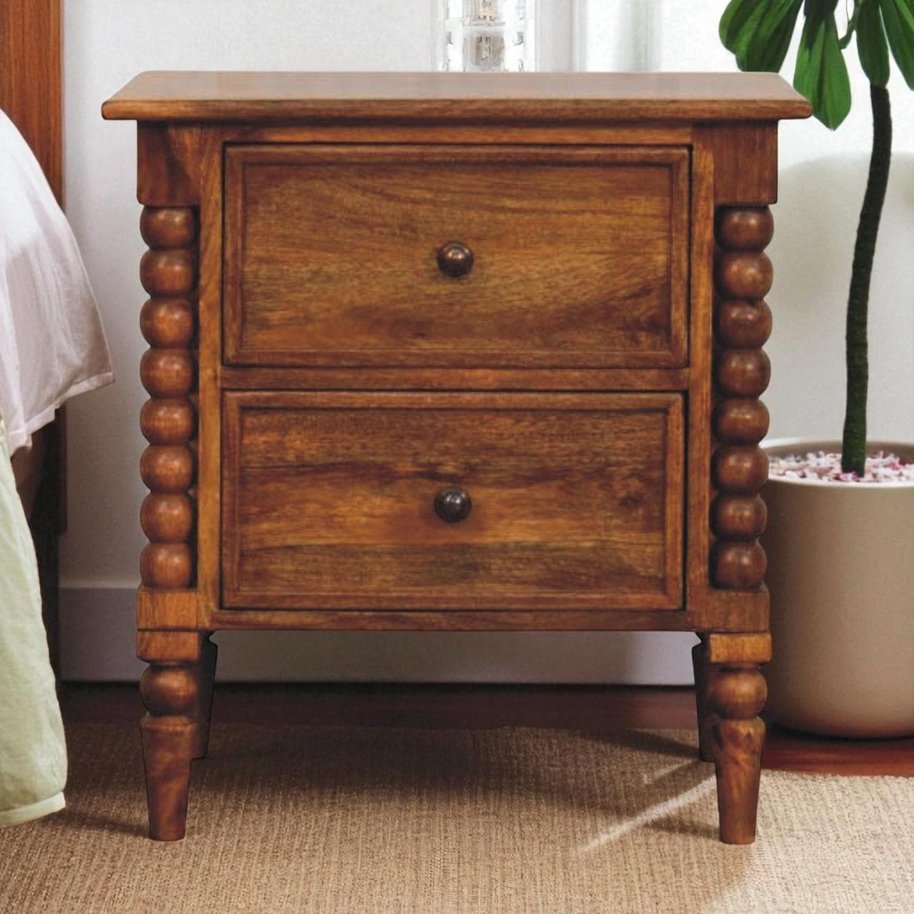 Solid Mango Wood Bedside Table with 2 Drawers, Ample Storage, Nightstand for Living Room & Bedroom, Brown | Aosom UK