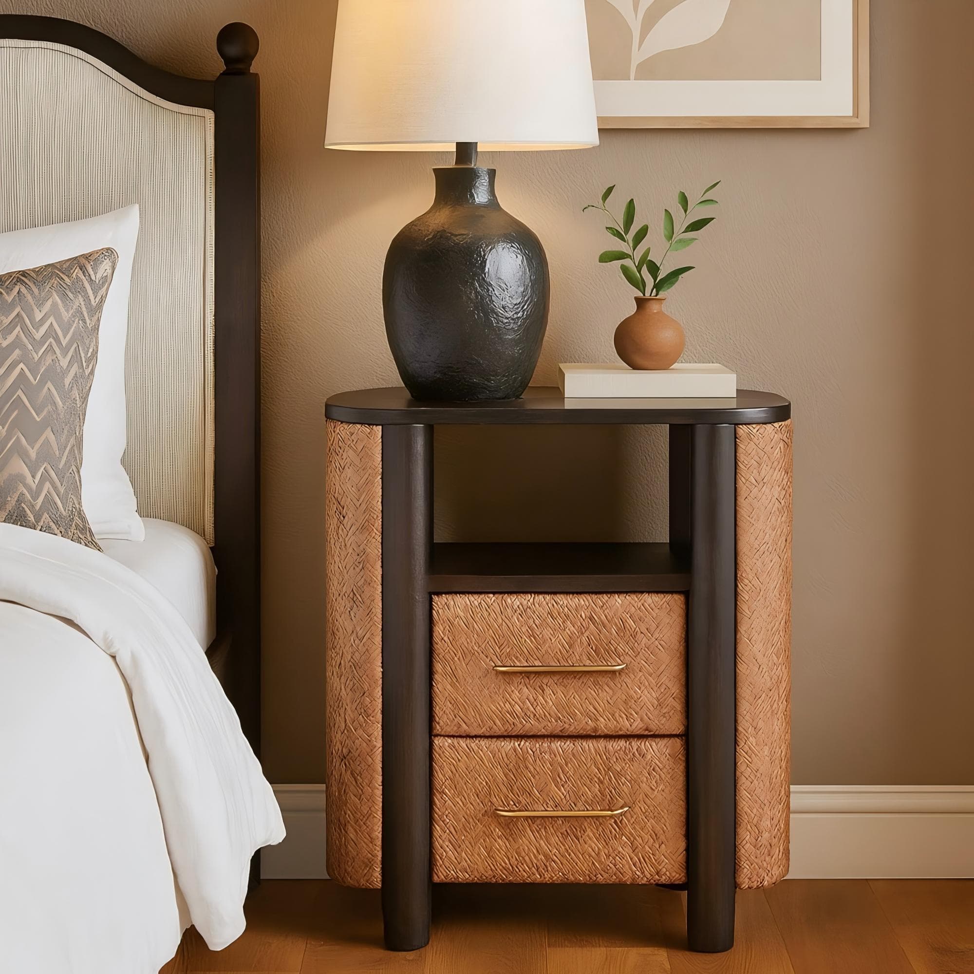 Solid Mango Wood Curved-Edge Rattan Bedside Table with 2 Smooth-gliding Drawers, Bedside Cabinet with Open Shelf, 40L x 50W x 60H cm, Brown | Aosom UK