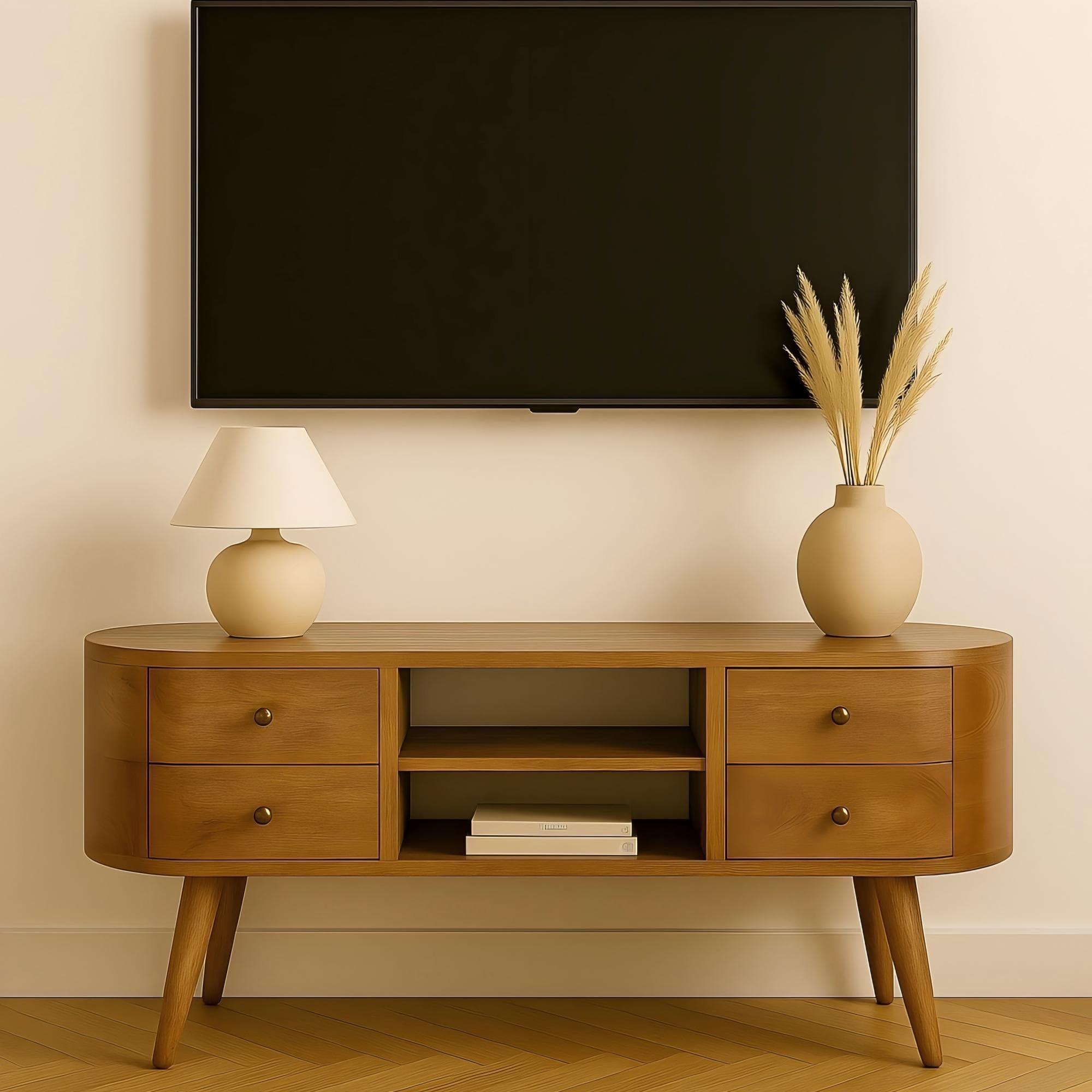 Solid 100% Mango Wood Rounded Entertainment Unit with 4 Drawers and 2 Open Shelves, Table with Slim Nordic Legs, 35L x 110W x 47H cm, Brown | Aosom UK