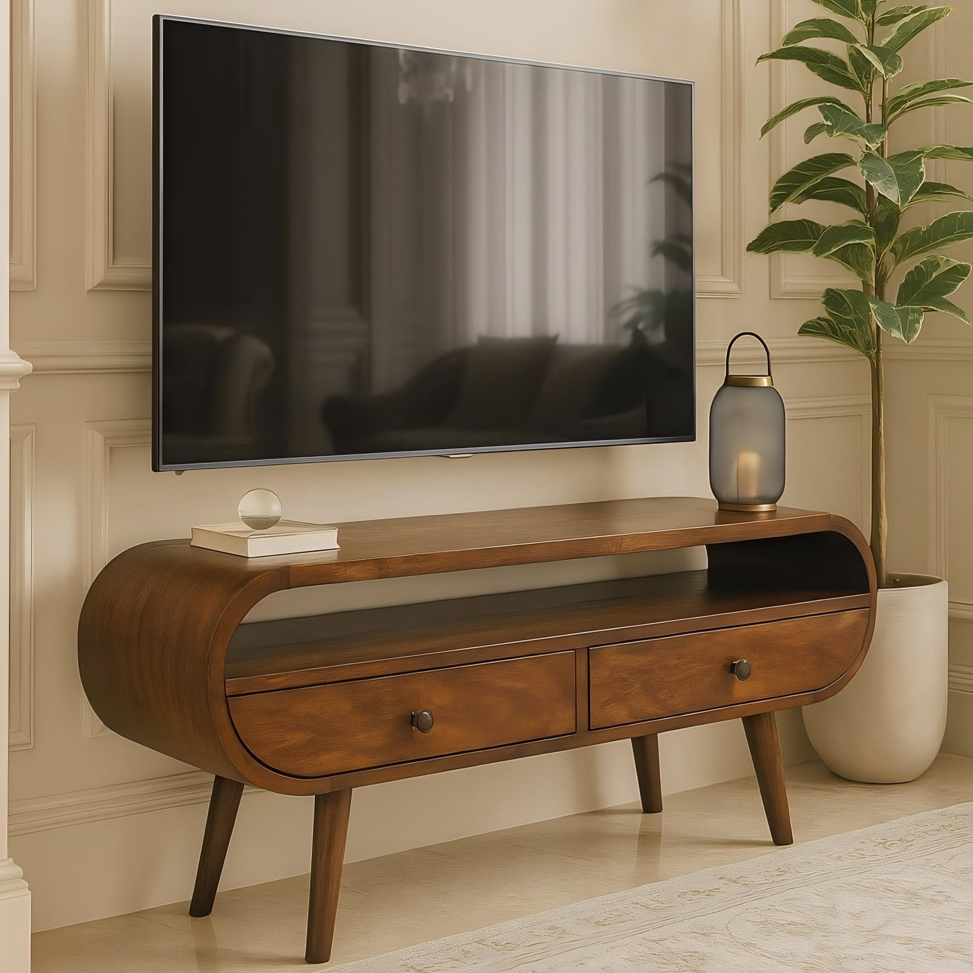 100% Solid Mango Wood Round TV Stand with 2 Smooth‑Gliding Drawers and Open Slot, Table for Living Room, 35L x 90W x 45H cm, Brown | Aosom UK