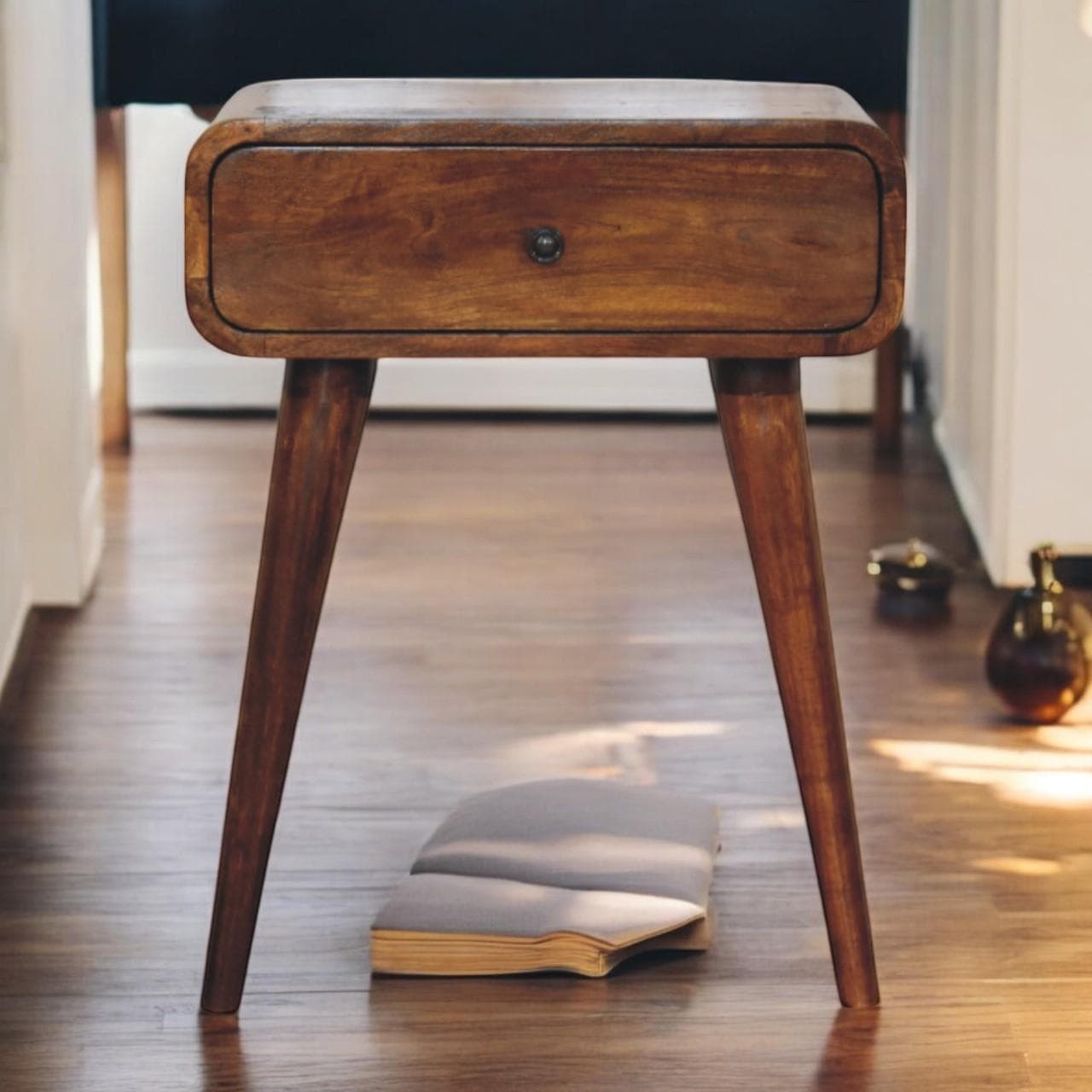 Solid Wood Avora Bedside Table with Drawer and Nordic Legs, Durable Hand‑Finished Desk Ideal for Bedroom, 35L x 45W x 57H cm, Brown | Aosom UK