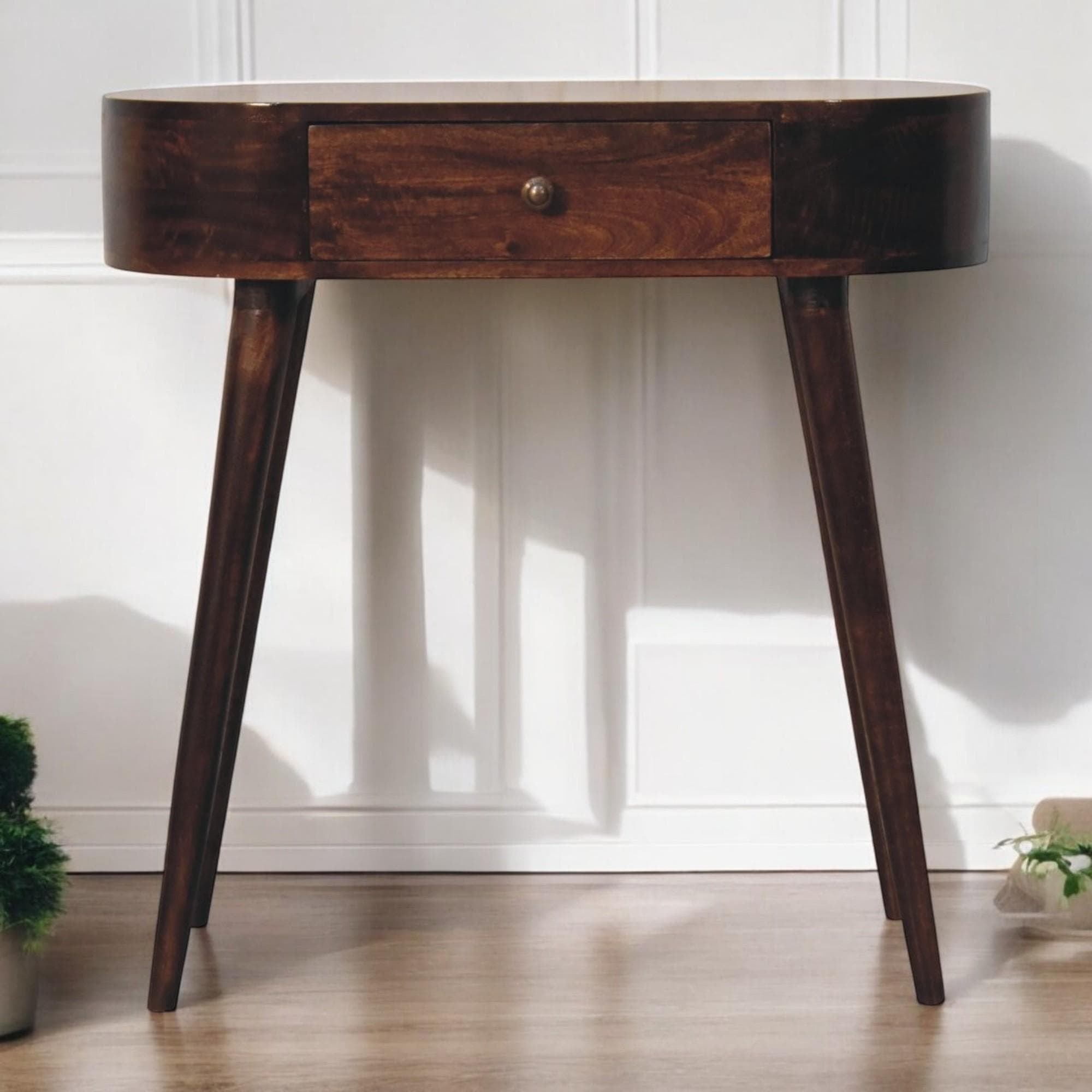 Solid Wood Console Table with Rounded Edges and Drawer, Compact Mid‑Century Bedside Table for Living Room, 40L x 80W x 78H cm, Brown | Aosom UK