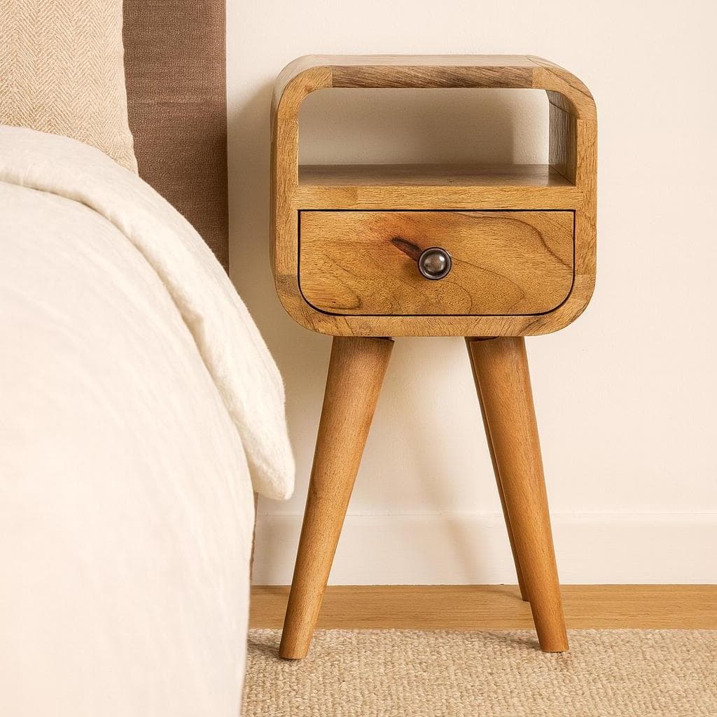 Mango Wood Narrow Curved Nightstand, Bedroom Side Table w/Spacious Drawer & Open Slot, Brown | Aosom UK