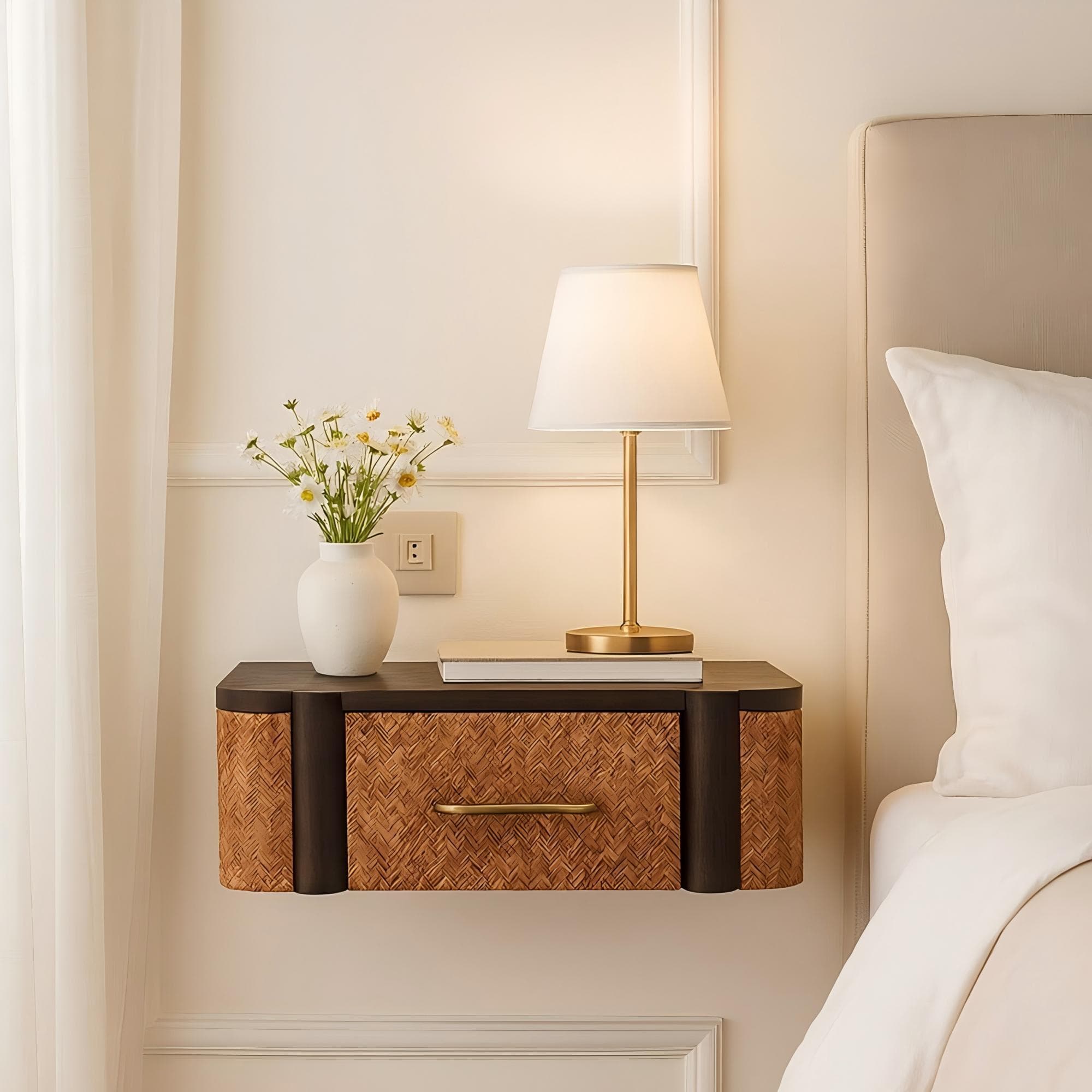 Handcrafted Solid Wood Wall-Mounted Bedside Drawer with Spacious Drawer, Bedside Table with Bronze Metal Accent, 32L x 50W x 18H cm, Brown | Aosom UK