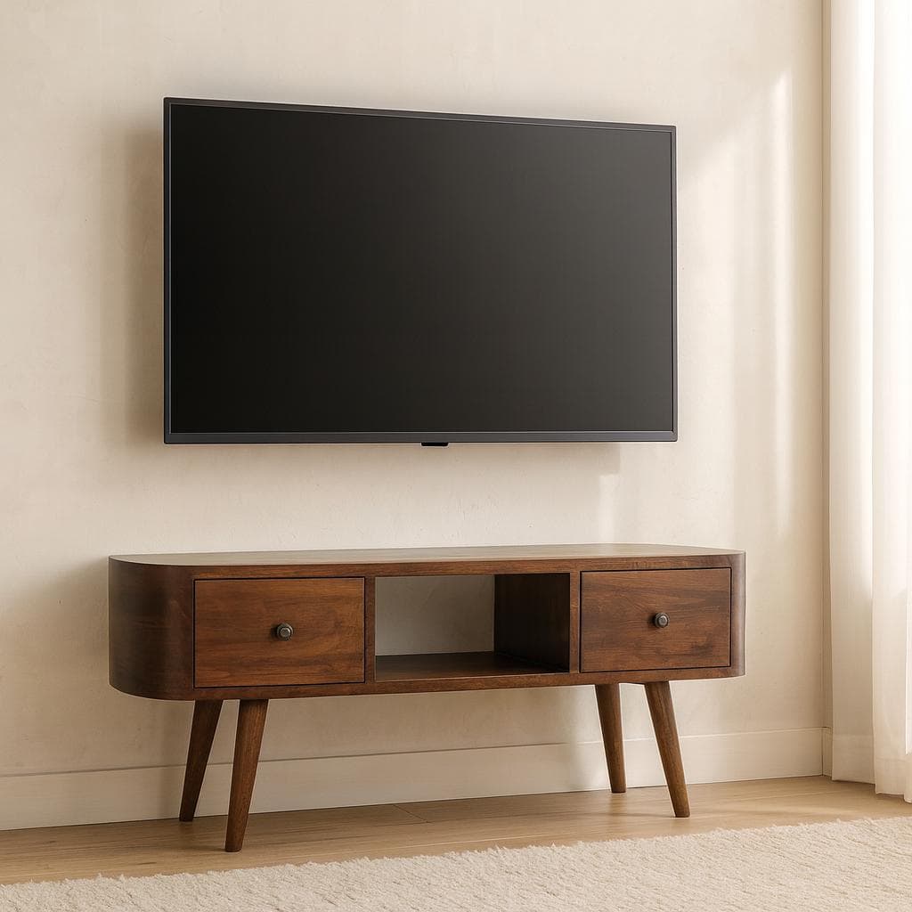 Round Solid Mango Wood Media Unit with 2 Smooth-Gliding Drawers and Open Shelf, Stand for TV and Media, 30L x 100W x 37H cm, Brown | Aosom UK