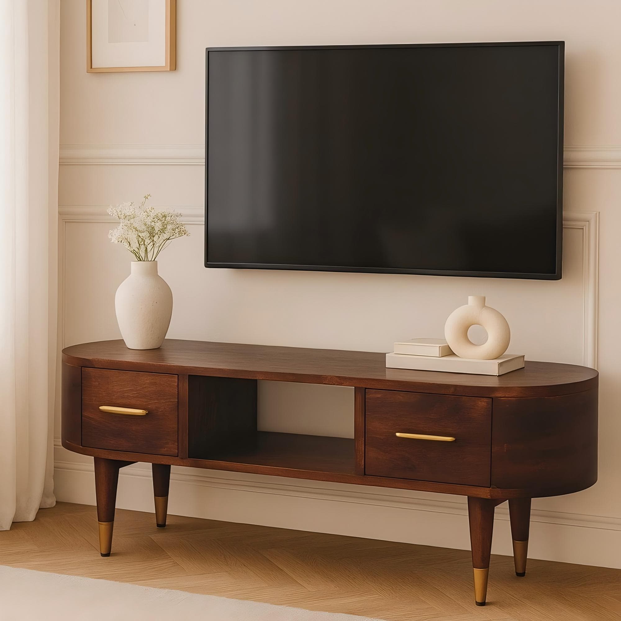Solid Mango Wood Open-Slot Media Unit with Hand-Finished Detailing, TV Unit with Smooth-Gliding Drawers, 30L x 100W x 40H cm, Brown | Aosom UK