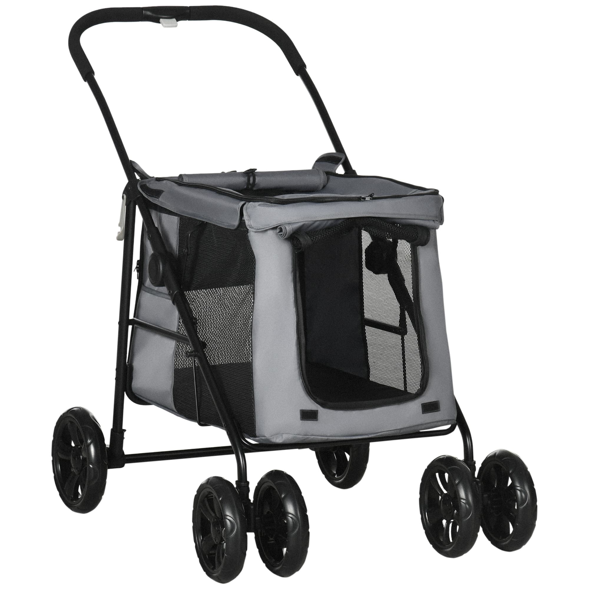 Pawhut Dog Stroller Foldable Dog Pushchair with EVA Wheels Pet Pram with Rolling Door, Safety Leashes for Small & Medium Dogs, Grey | Aosom UK
