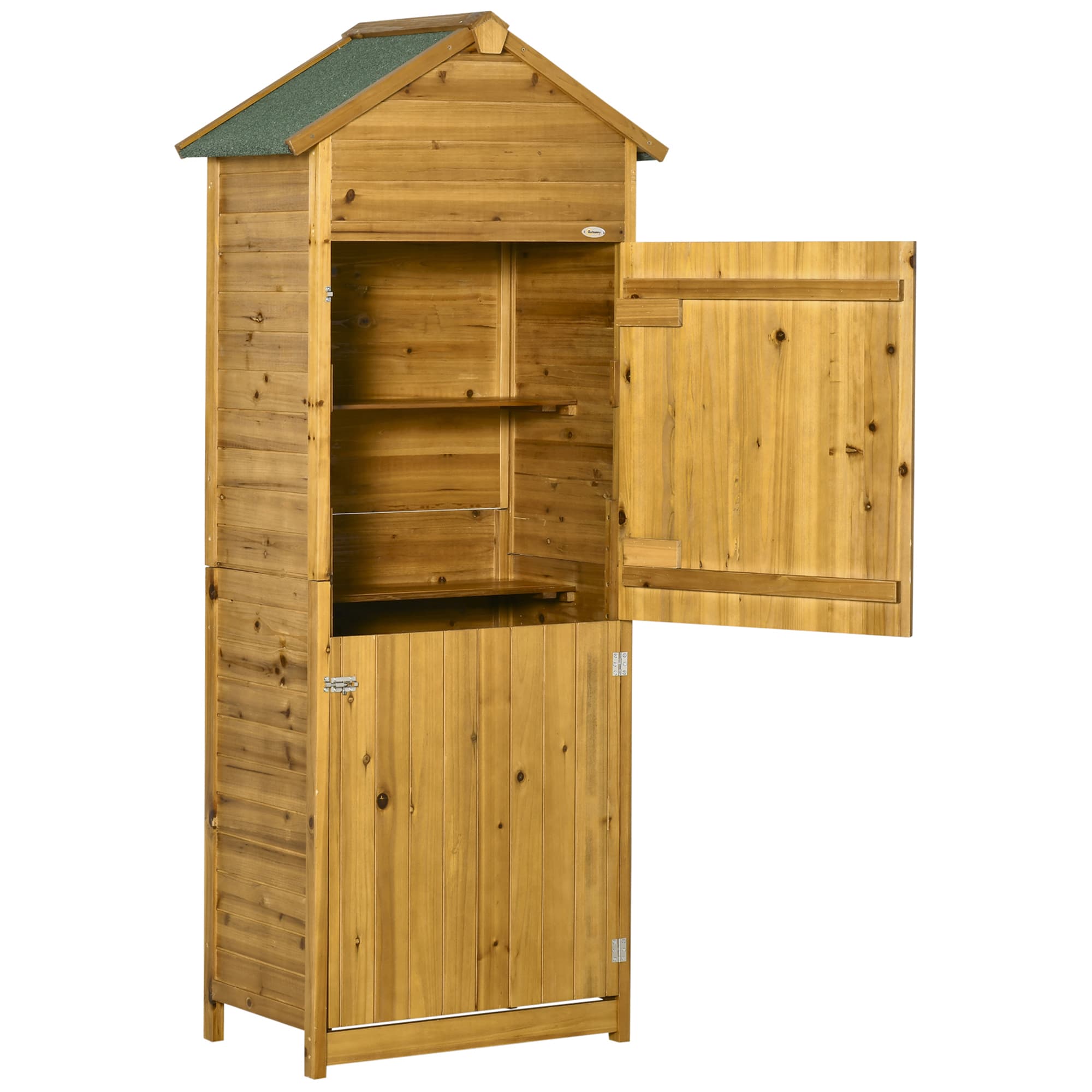 Outsunny Wooden Garden Storage Shed Utility Gardener Cabinet w/ 3 Shelves and 2 Door, 191.5cm x 79cm x 49cm, Natural Wood Effect