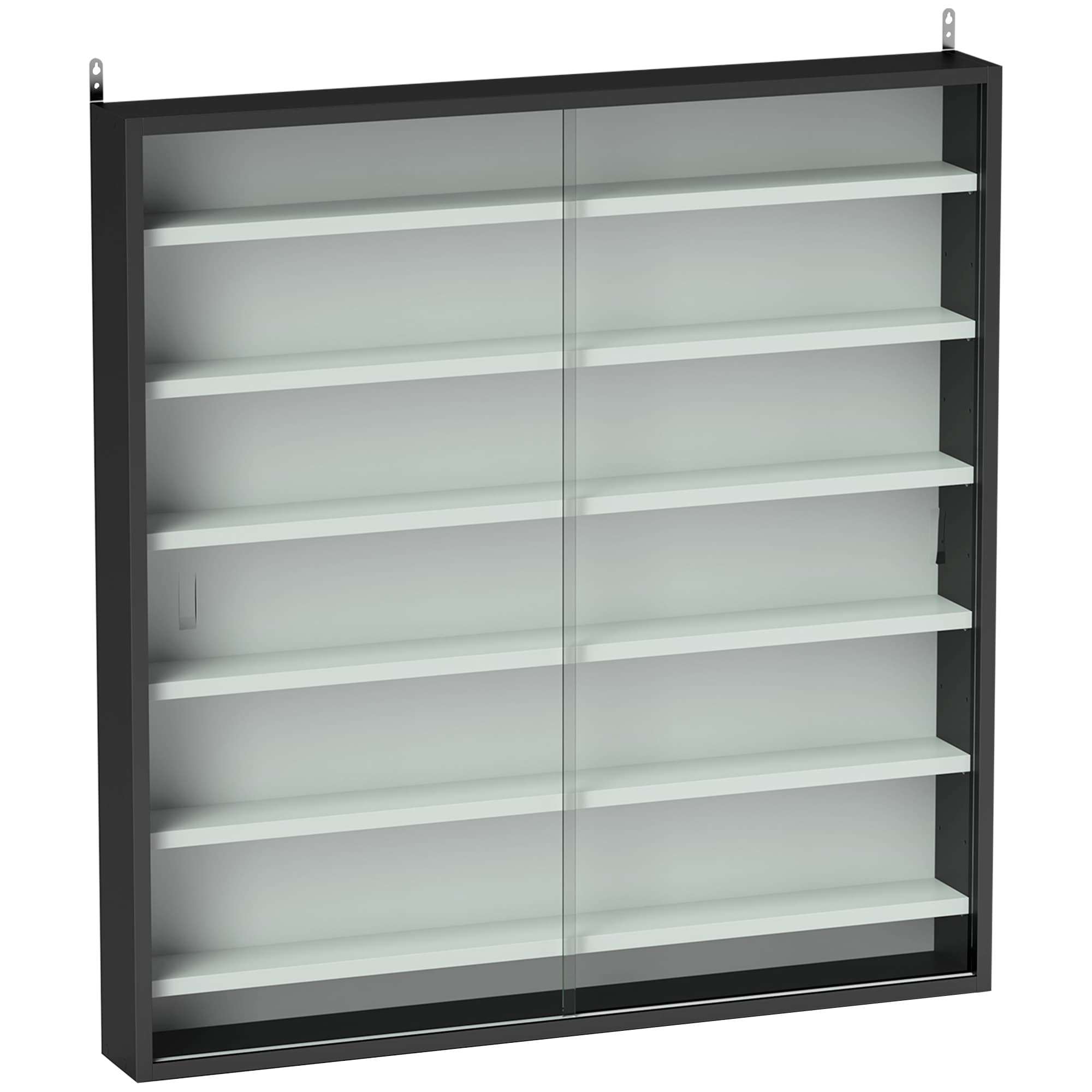 HOMCOM 7-Tier Wall Display Shelf, Display Cabinet w/ 6 Adjustable Shelves, Glass Doors, Home Office Ornaments, Black & White | Aosom UK