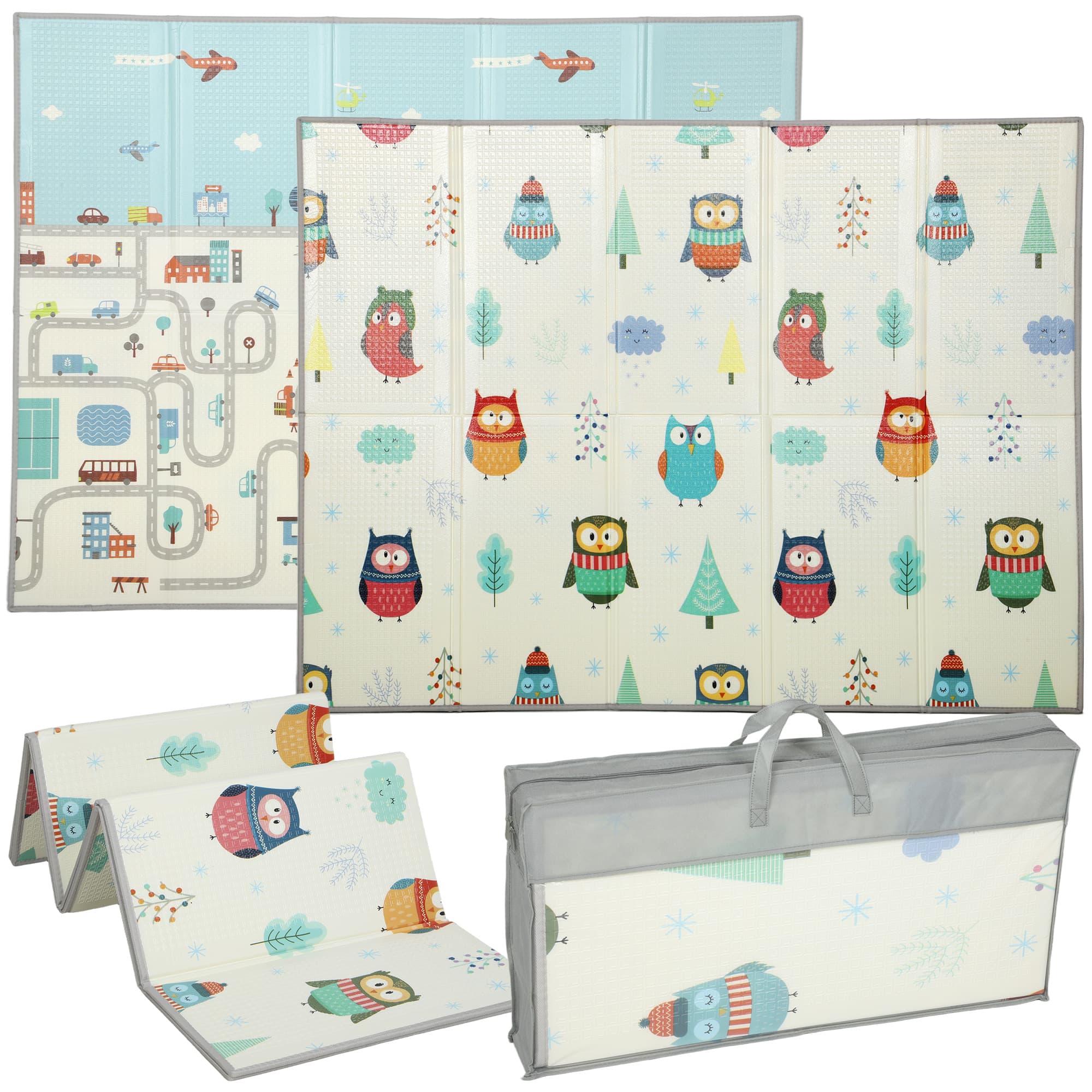 AIYAPLAY Foldable Baby Plat Mat Double Sided, Kids Floor Mat for Crawling, 195.5L x 147.5W cm, Car track and Owl Theme