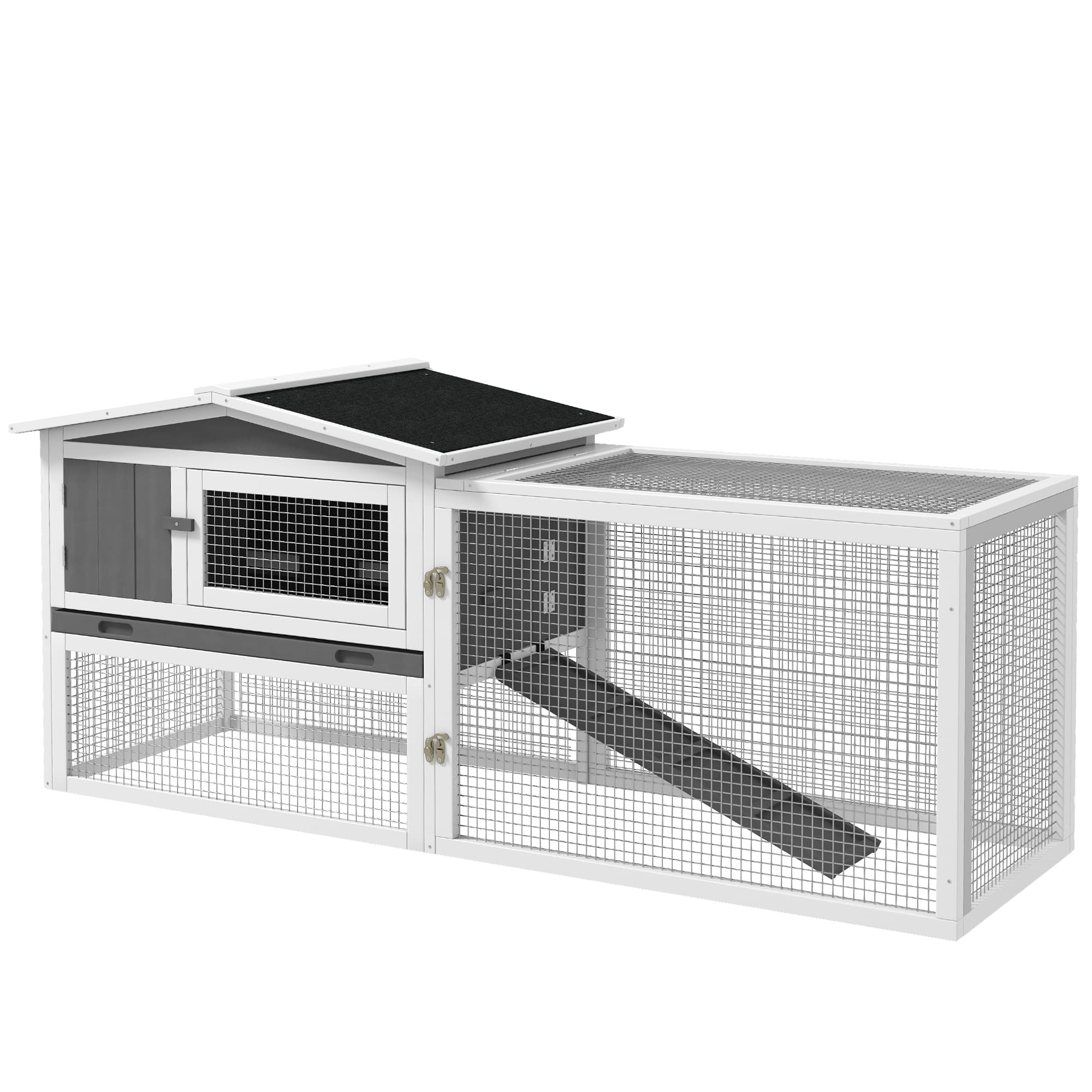 PawHut Rabbit Hutch and Run Outdoor Bunny Cage Wooden Guinea Pig Hide House with Sliding Tray, Hay Rack, Ramp, 156 x 58 x 68cm, Grey