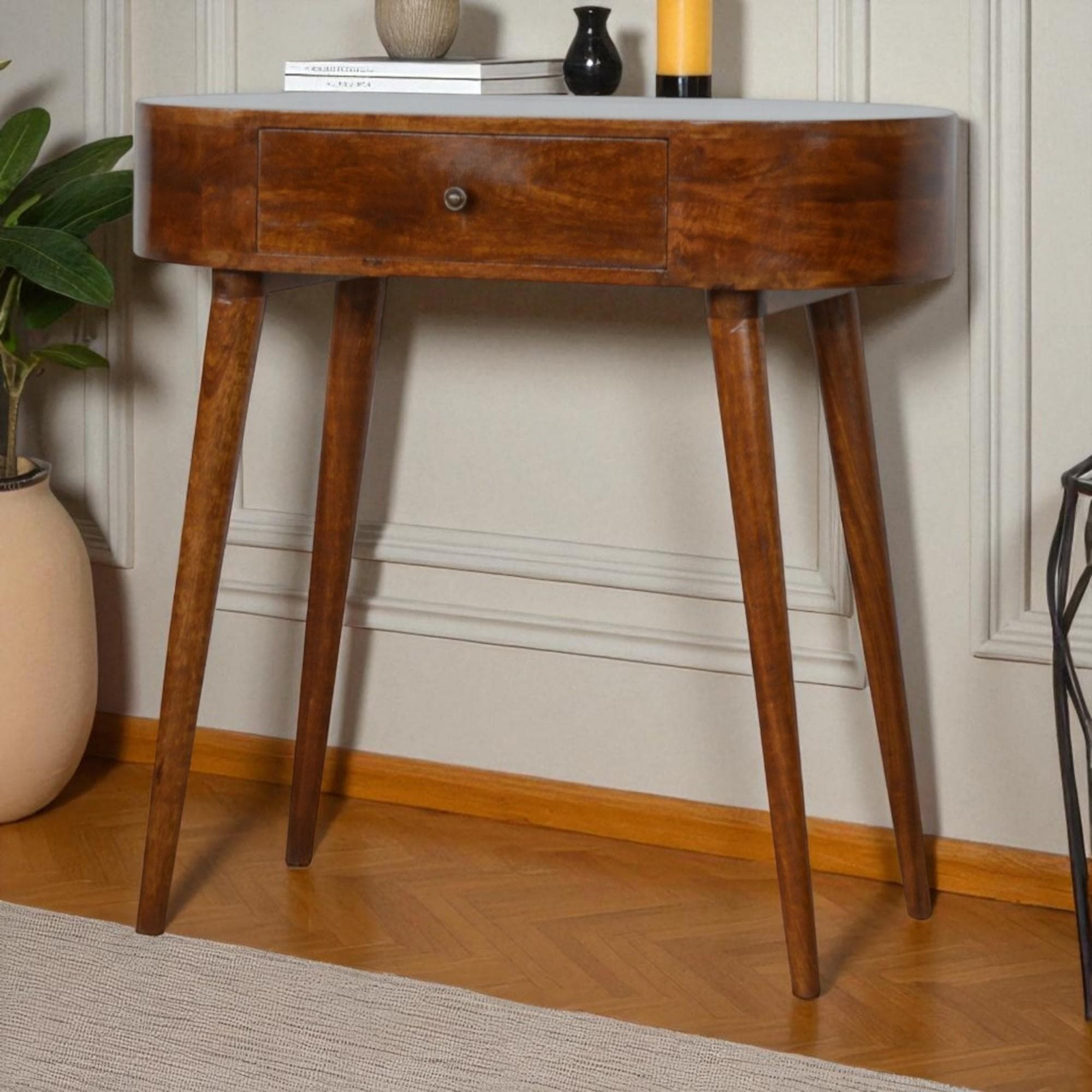 Albion Solid Mango Wood Console Table with Drawer and Stain-Based Finish, Handcrafted Desk for Bedroom, 40L x 80W x 78H cm, Brown | Aosom UK