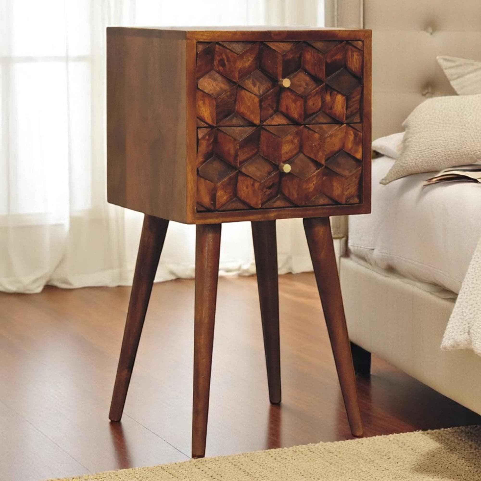 100% Solid Mango Wood Mini Cube Bedside with 2 Drawers, Stain-based Finish, Desk with Durable Construction, 30L x 31W x 62H cm, Brown | Aosom UK